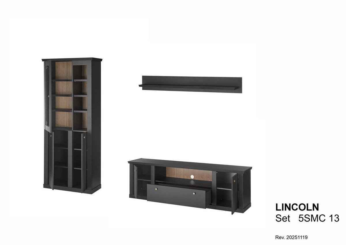 WOHNWAND 3-teilig  in Schwarz, Eichefarben  301/200/42 cm  - Eichefarben/Messingfarben, Design, Holzwerkstoff/Metall (301/200/42cm) - MID.YOU