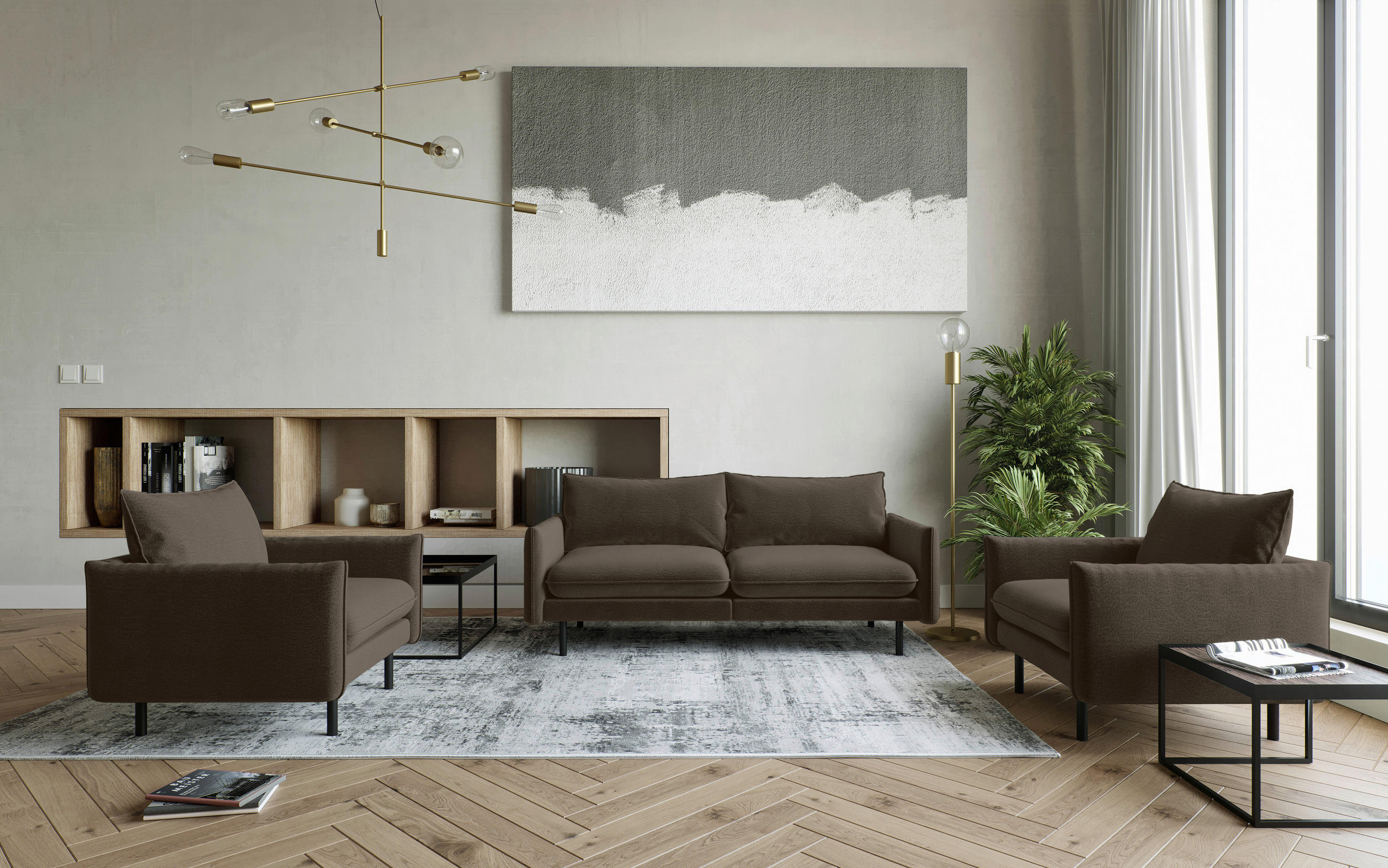 SEDACÍ SESTAVA, textil, hnědá - černá/hnědá, Design, kov/textil (215/85/92cm) - Livetastic