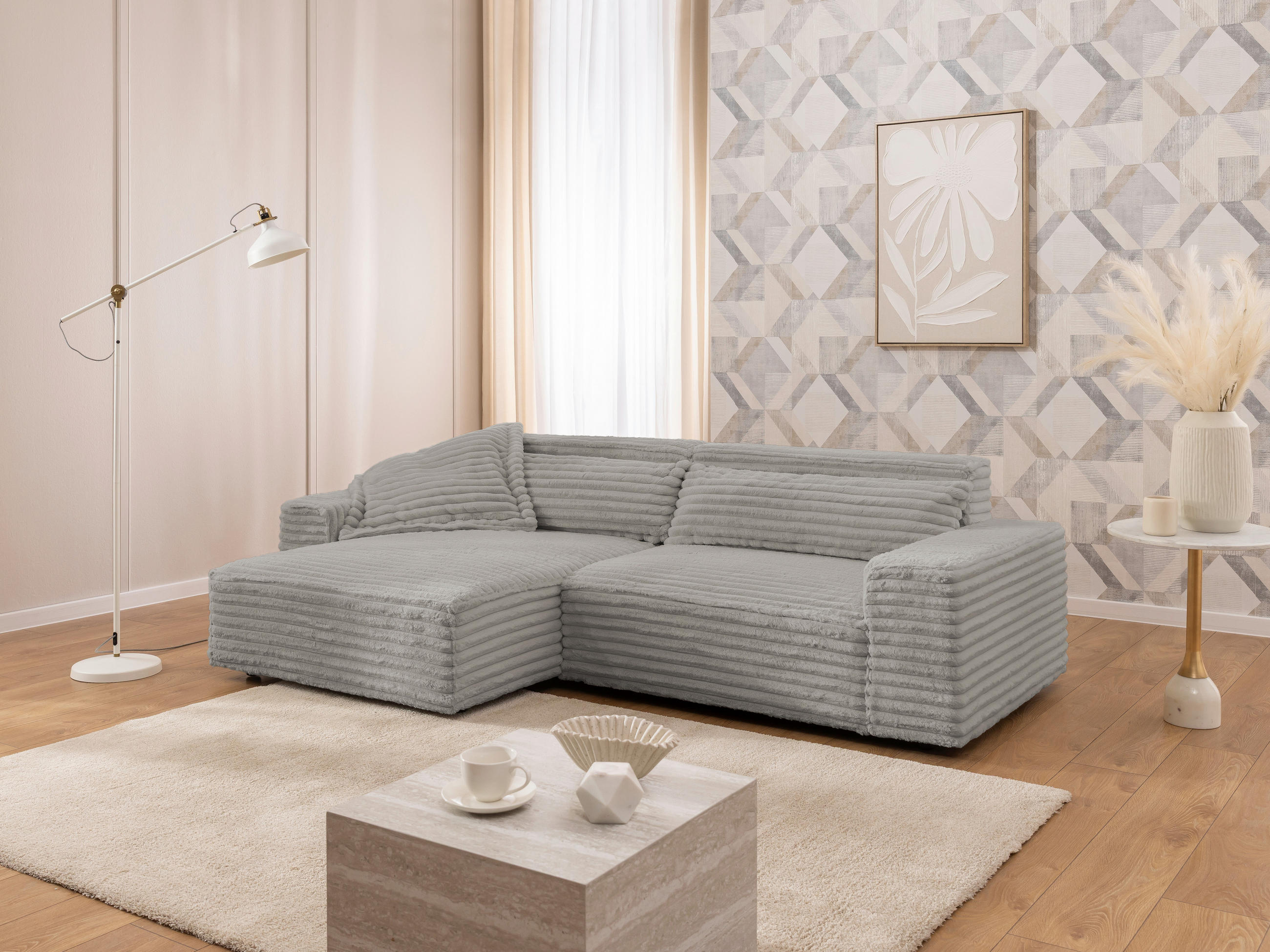 ECKSOFA Cord Grau  - Schwarz/Grau, Design, Kunststoff/Textil (251/142cm) - P & B