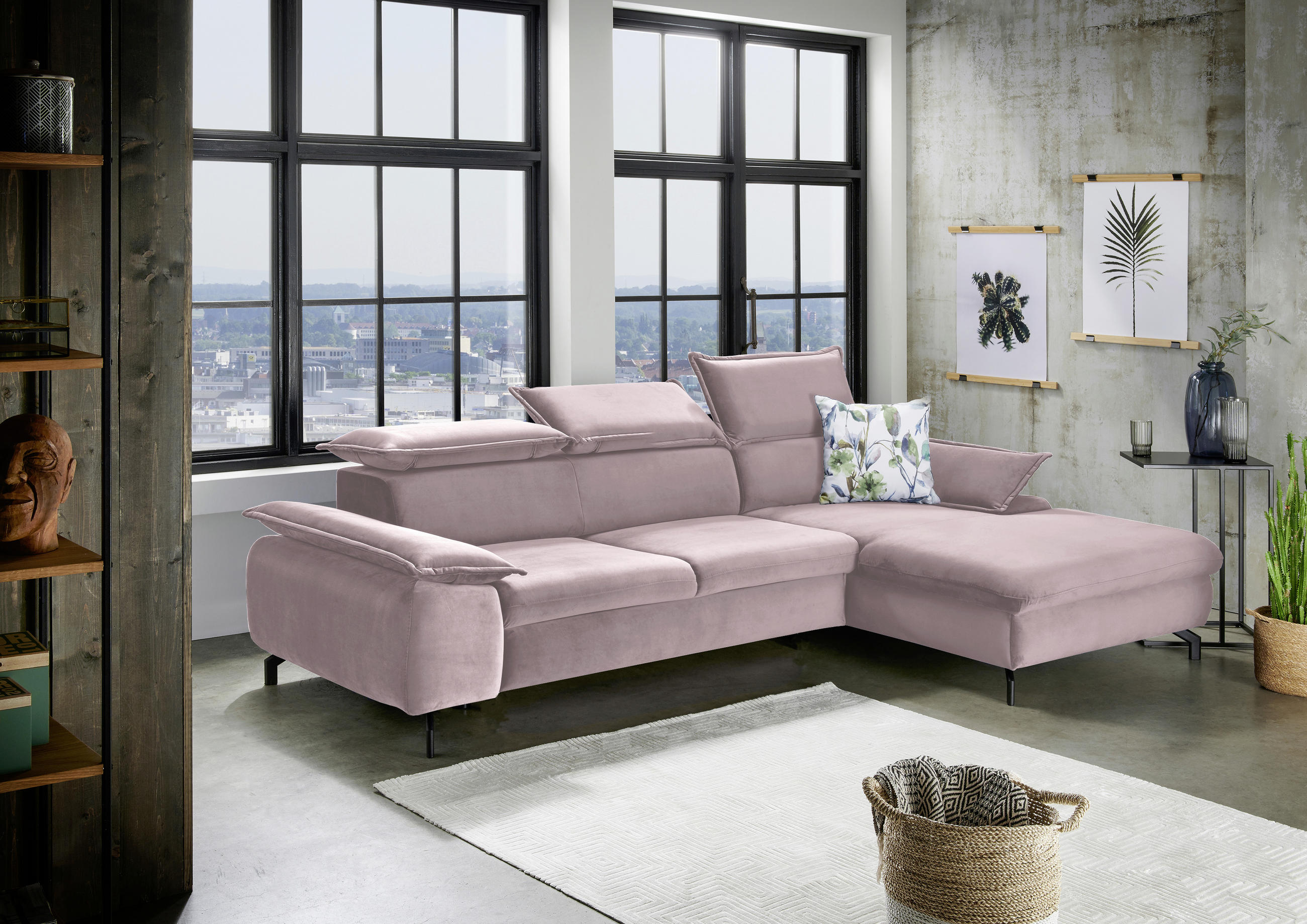 WOHNLANDSCHAFT Altrosa Mikrofaser - Schwarz/Altrosa, KONVENTIONELL, Textil/Metall (280/175cm) - Livetastic