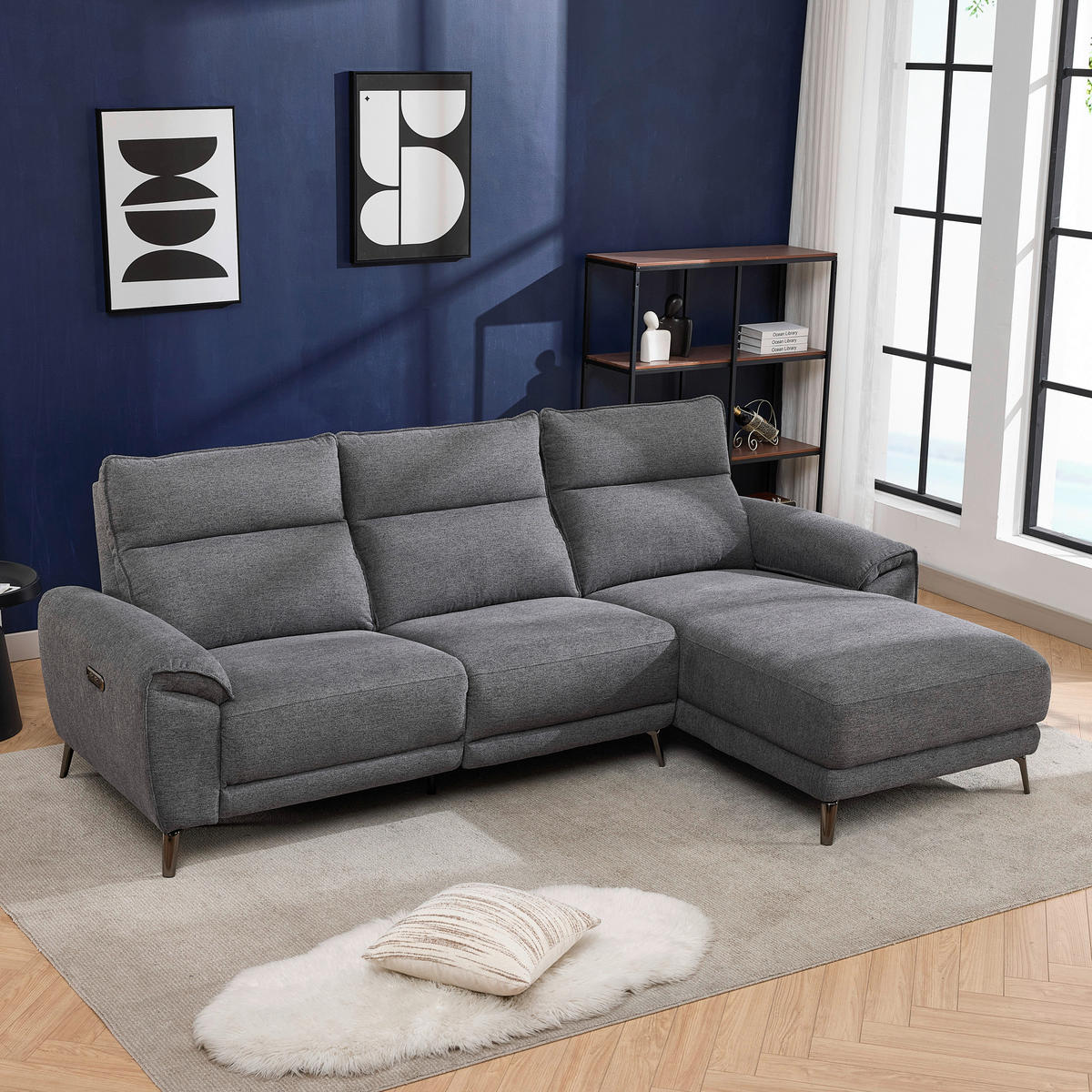 ECKSOFA Dunkelgrau Webstoff Rücken echt, Relaxfunktion  - Chromfarben/Dunkelgrau, Design, Textil/Metall (272/168cm) - Carryhome