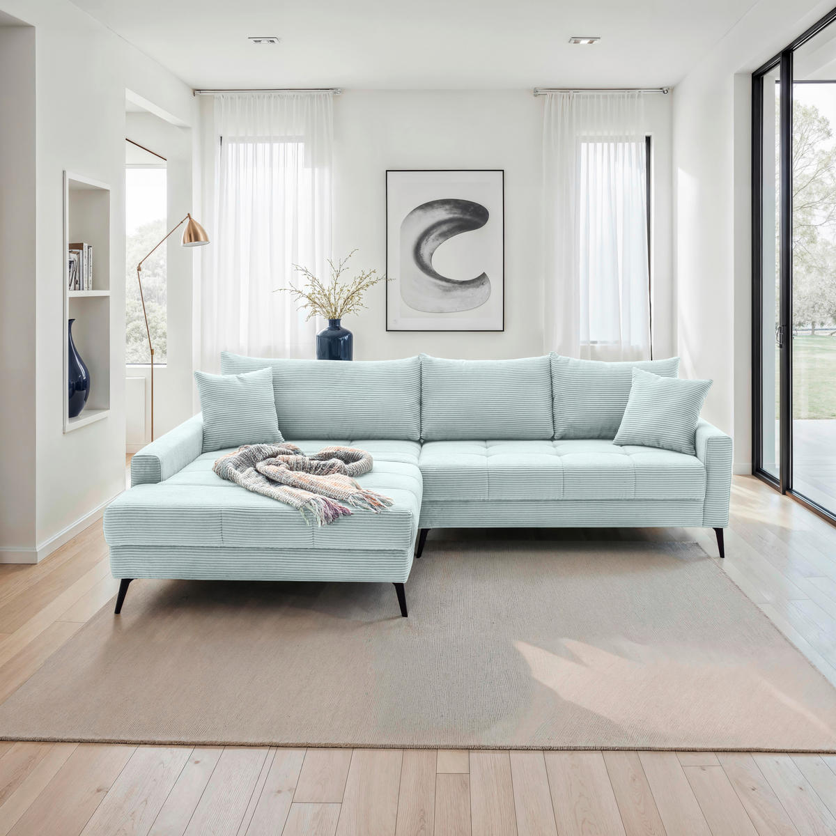 ECKSOFA Blaugrau Cord  - Blaugrau/Schwarz, KONVENTIONELL, Textil/Metall (173/280cm) - Hom`in