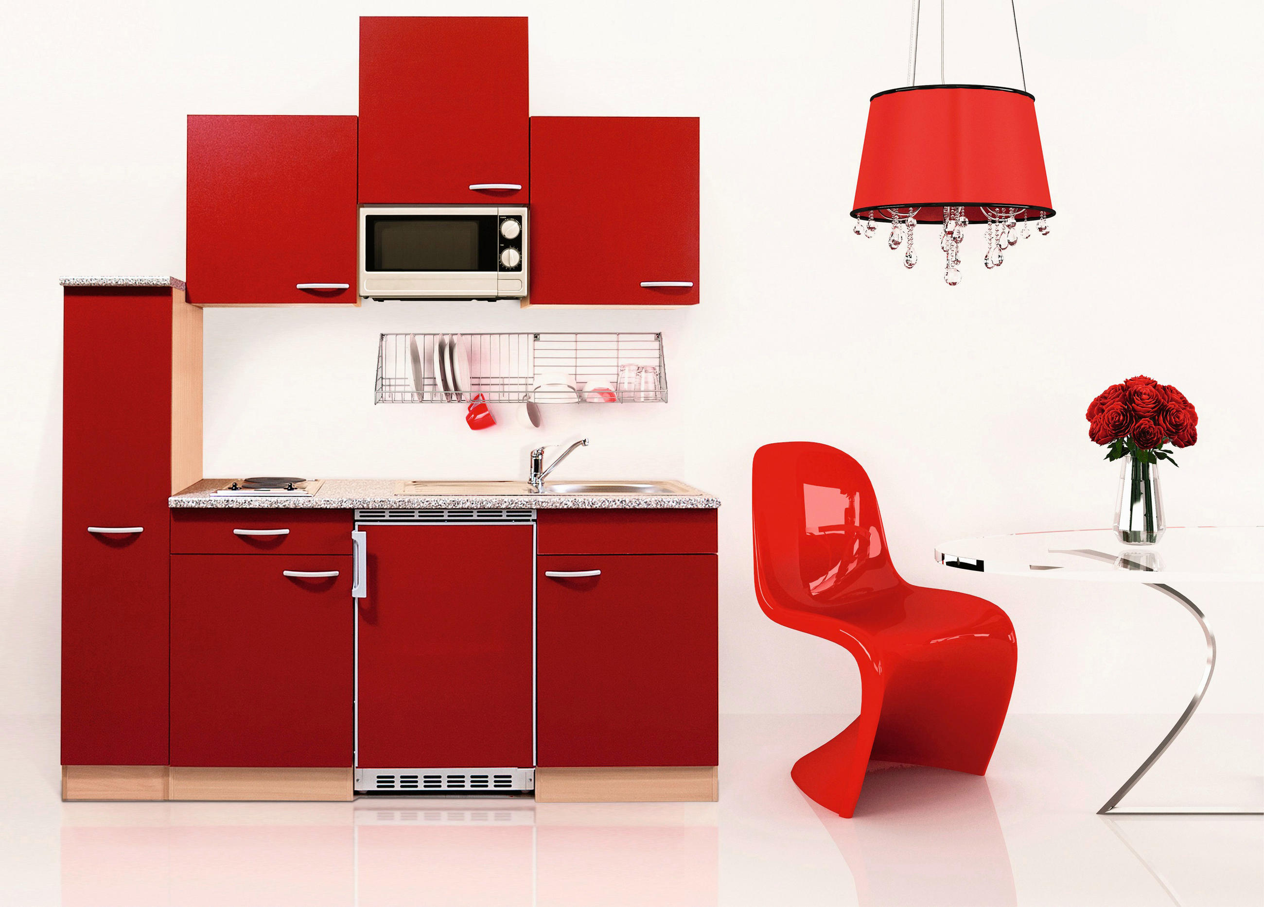MINIKÜCHE 180 cm Rot, Buchefarben E-Geräte, Spüle, Ab- und Überlaufgarnitur - Rot/Buchefarben, KONVENTIONELL, Kunststoff (180cm) - Respekta