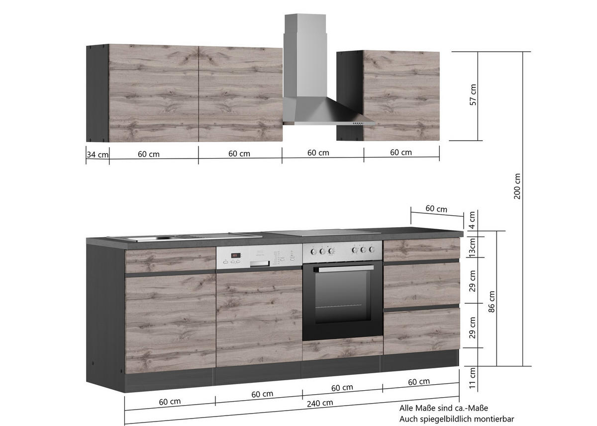 KÜCHENBLOCK 240 cm   in Grau, Eiche Wotan  - Eiche Wotan/Grau, Design, Holzwerkstoff (240cm) - Held