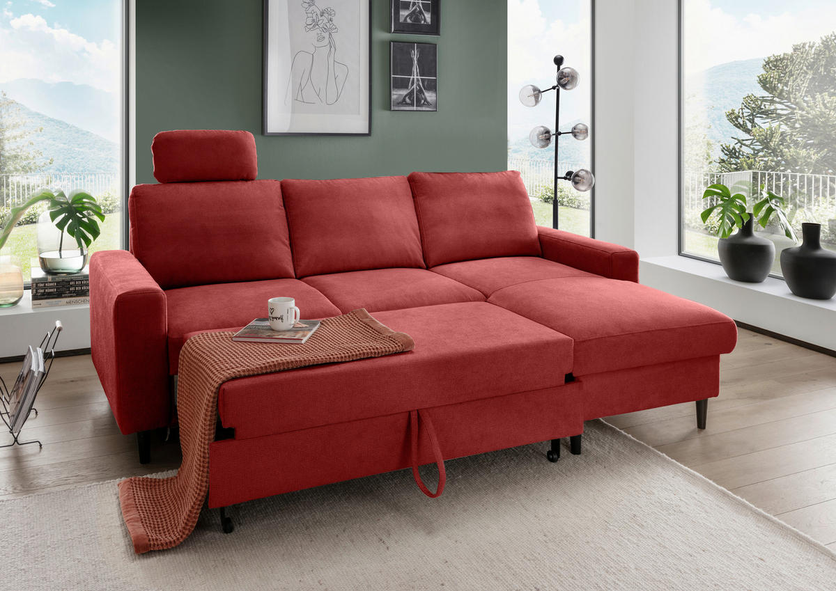 ECKSCHLAFSOFA in Chenille Rot  - Rot/Schwarz, Modern, Holz/Textil (234/147cm) - Livetastic