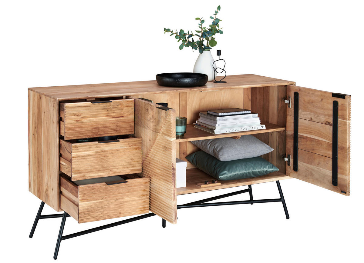 ŠIROKÁ KOMODA, akácie, černá, barvy akácie, 145/80/45 cm - černá/barvy akácie, Trend, kov/dřevo (145/80/45cm) - Ambia Home