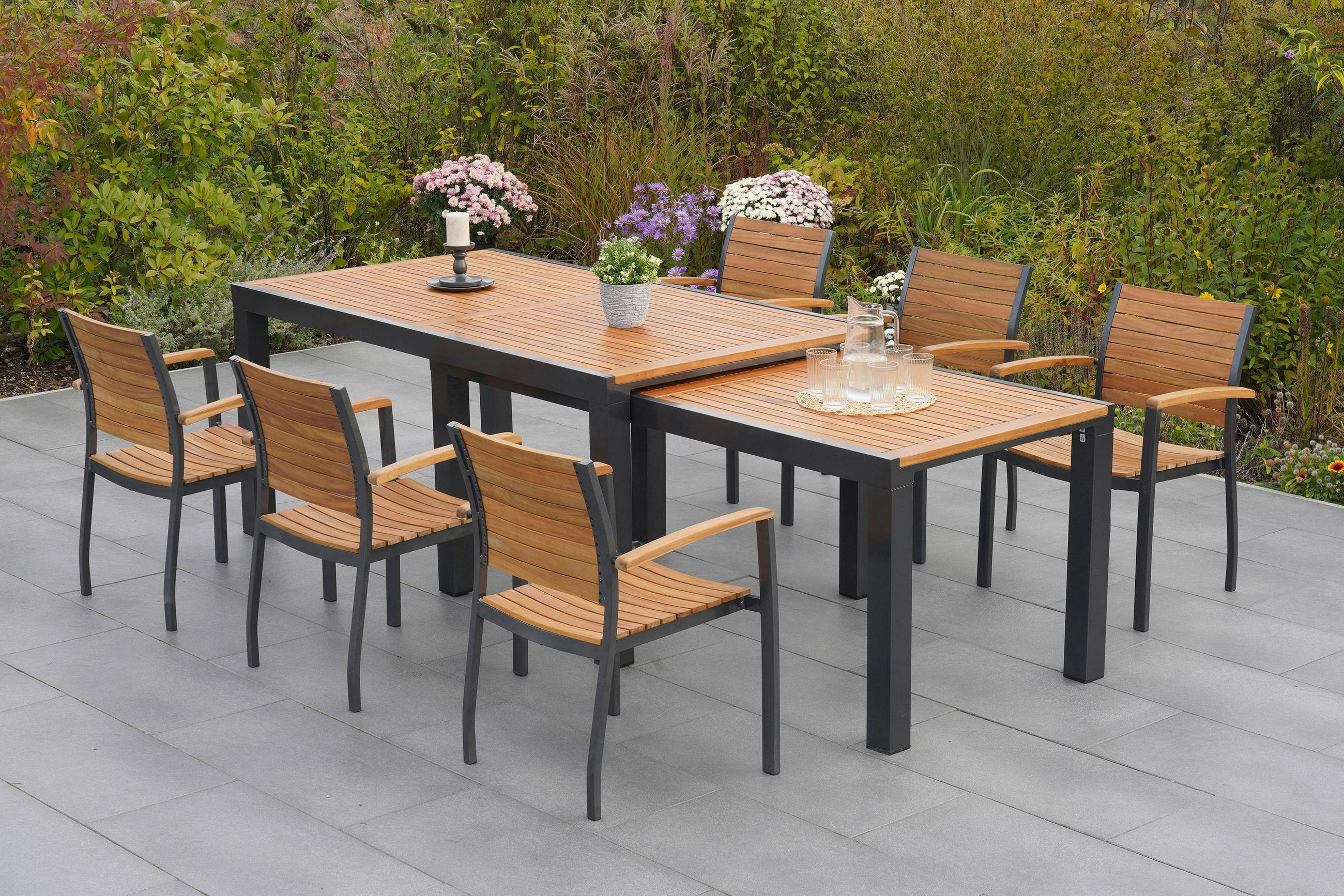 GARTENGARNITUR 9-teilig Akazie massiv Aluminium - Graphitfarben/Naturfarben, MODERN, Holz/Metall - Gardenson