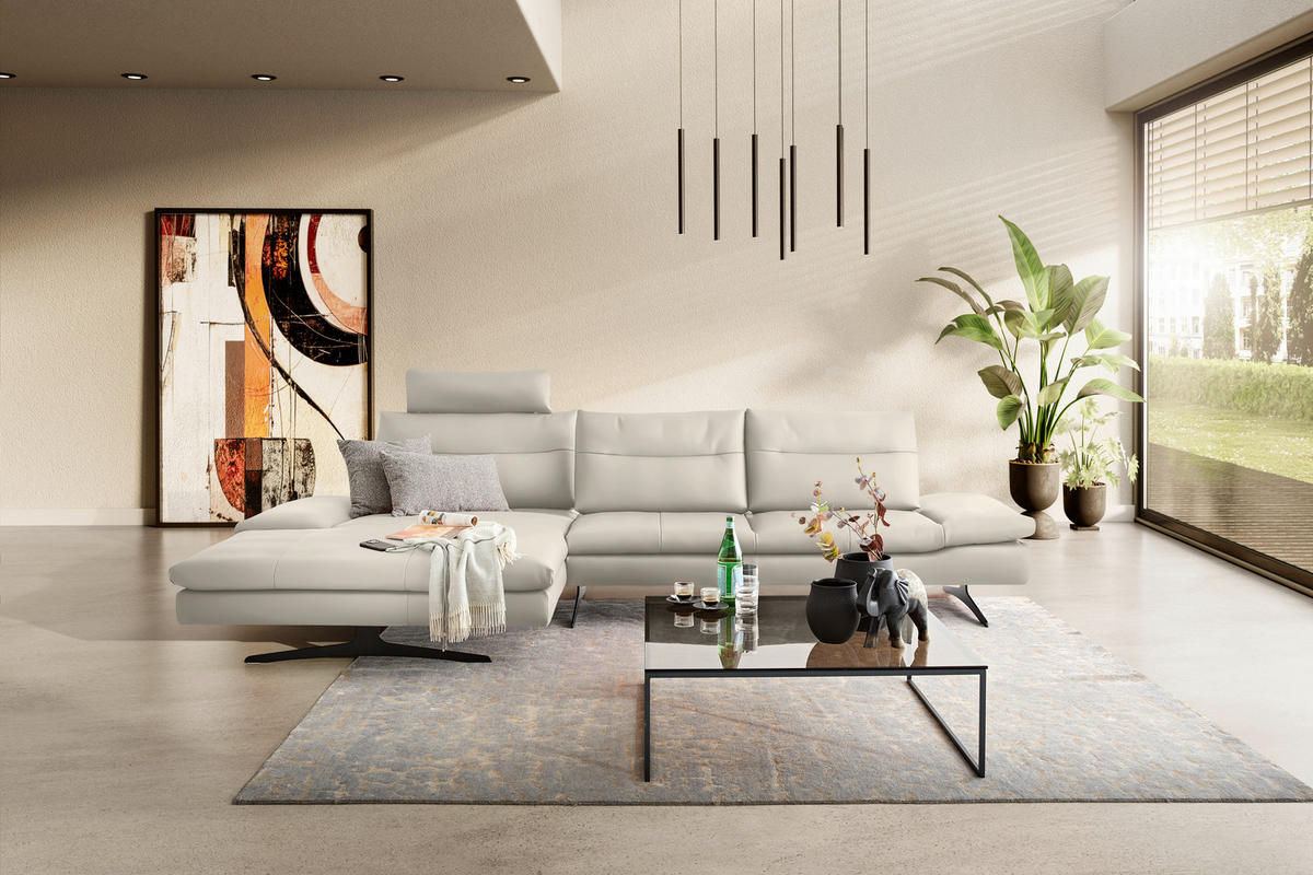 ECKSOFA  in Echtleder Ecru  158/342 cm  - Ecru/Schwarz, MODERN, Leder/Metall (158/342cm) - Chilliano