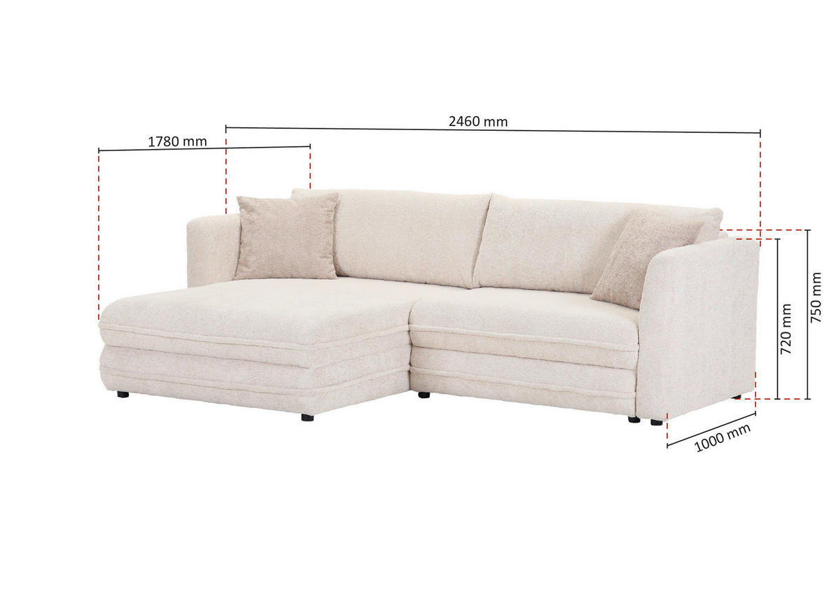 ECKSOFA Creme, Beige Plüsch Zierkissen, Rückenkissen, Bettkasten, Schlaffunktion, Rücken echt, Liegefläche im Originalstoff  - Beige/Creme, MODERN, Kunststoff/Textil (246/178cm) - Carryhome