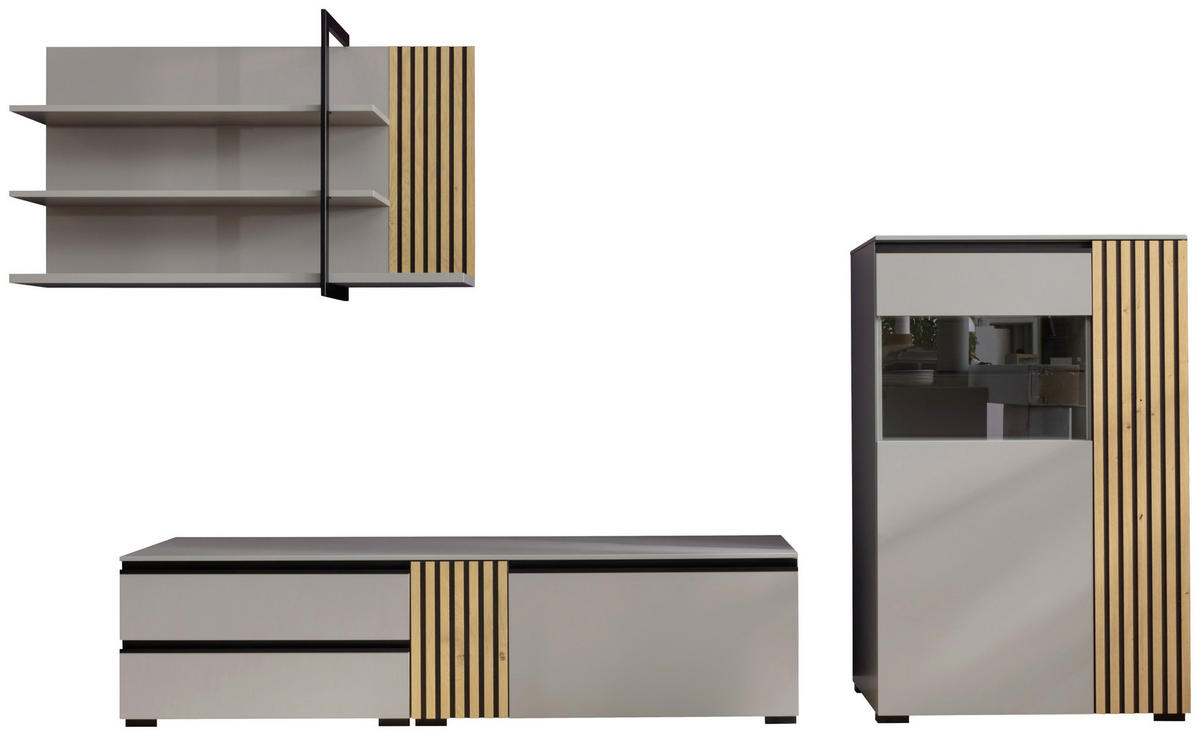 WOHNWAND  in Greige, Wildeiche  314/211/45 cm  - Wildeiche/Greige, Design, Glas/Holz (314/211/45cm) - Moderano