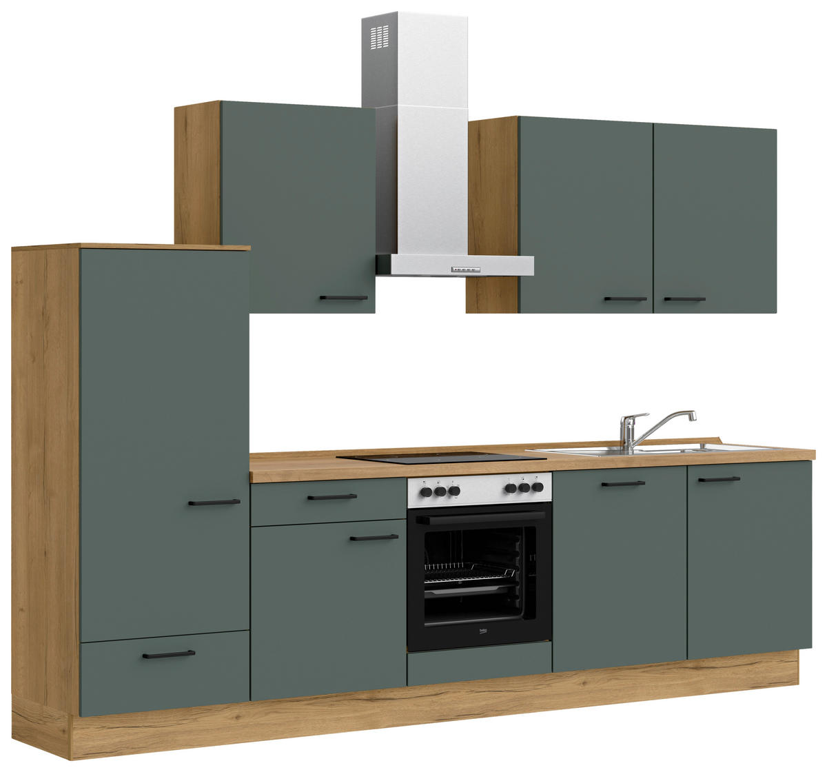KÜCHENBLOCK 300 cm   in Eichefarben, Dunkelgrün  - Dunkelgrün/Eichefarben, MODERN, Holzwerkstoff/Metall (300cm) - Nobilia