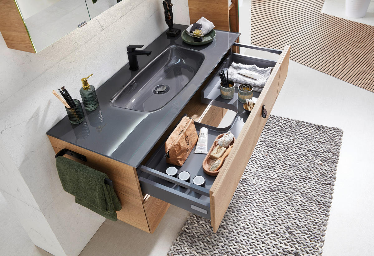 WASCHTISCHKOMBI 122 cm  - Eichefarben/Braun, KONVENTIONELL, Leder/Glas (122cm) - Sadena