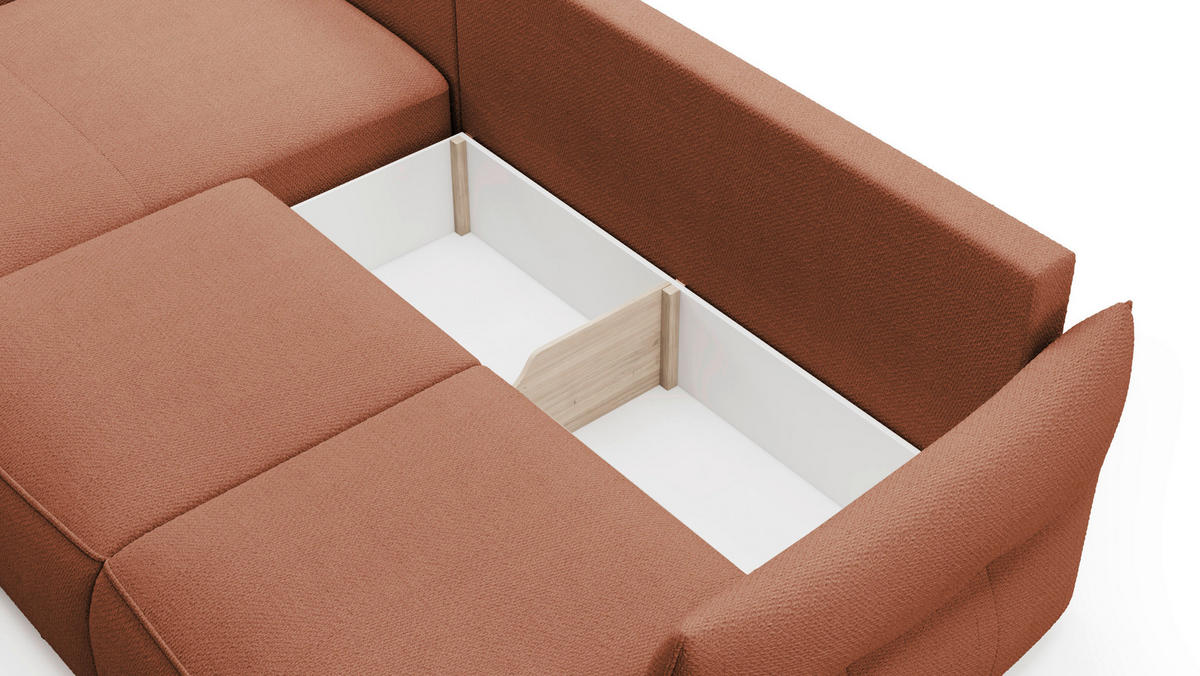 ECKSOFA Rostfarben Webstoff Rückenkissen, Bettkasten, Schlaffunktion, Rücken echt, Liegefläche im Originalstoff  - Rostfarben/Schwarz, KONVENTIONELL, Kunststoff/Textil (179/306cm) - Milino