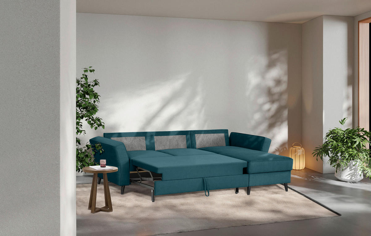 ECKSOFA in Velours Petrol  - Petrol/Schwarz, KONVENTIONELL, Holz/Textil (244/159cm) - Carryhome