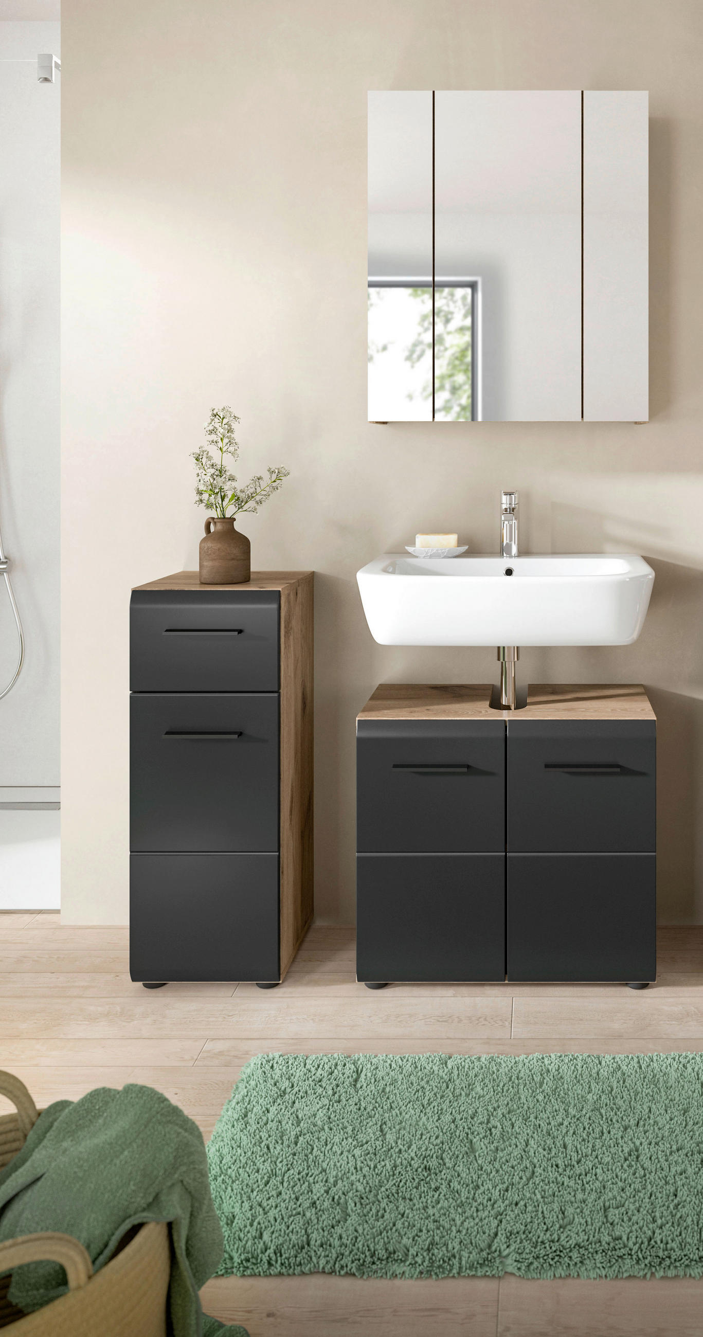 BADEZIMMER 3-teilig  in 90 cm  - Eiche dunkel/Schwarz, Basics, Holzwerkstoff/Kunststoff (90cm) - MID.YOU