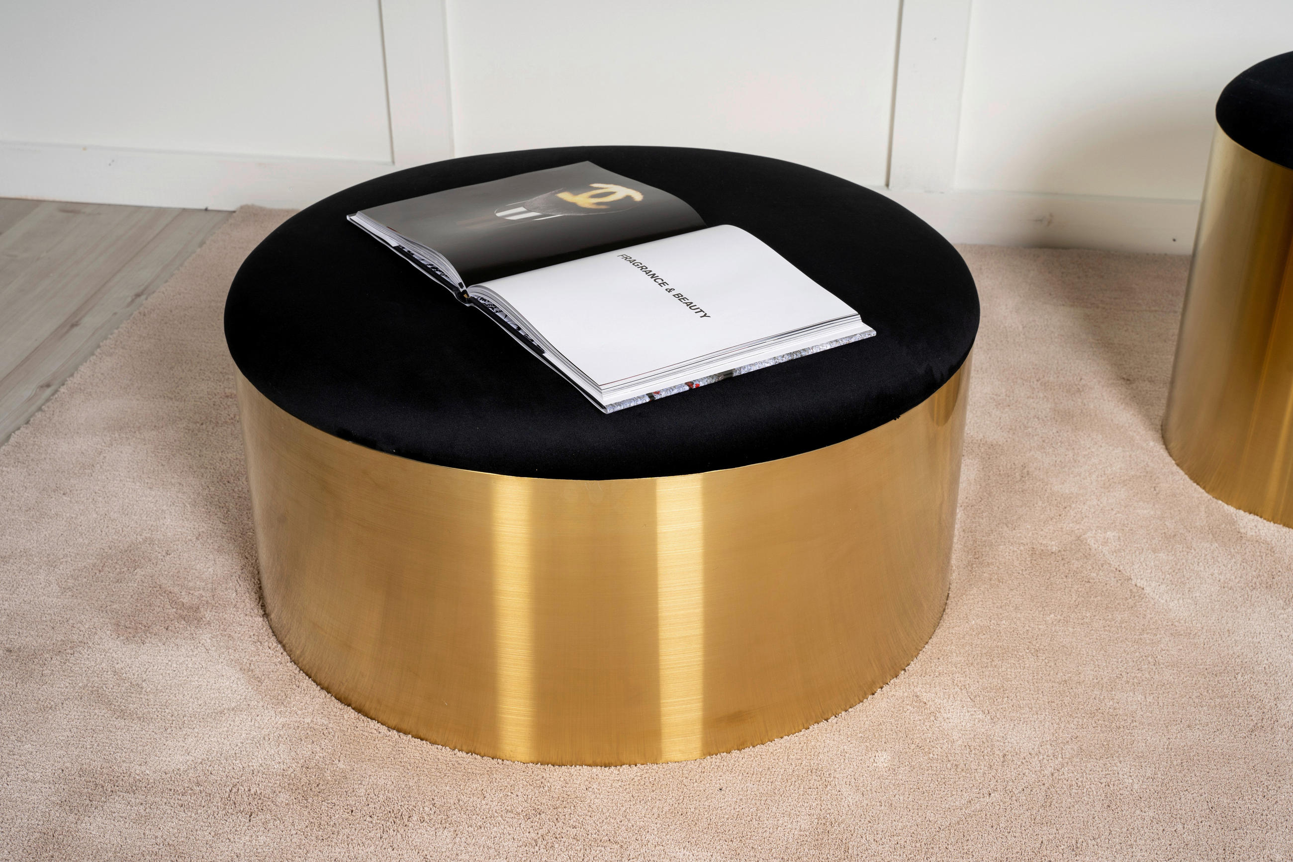 HOCKER in Metall, Textil Schwarz, Goldfarben  - Goldfarben/Schwarz, Design, Textil/Metall (45/46/45cm) - Livetastic