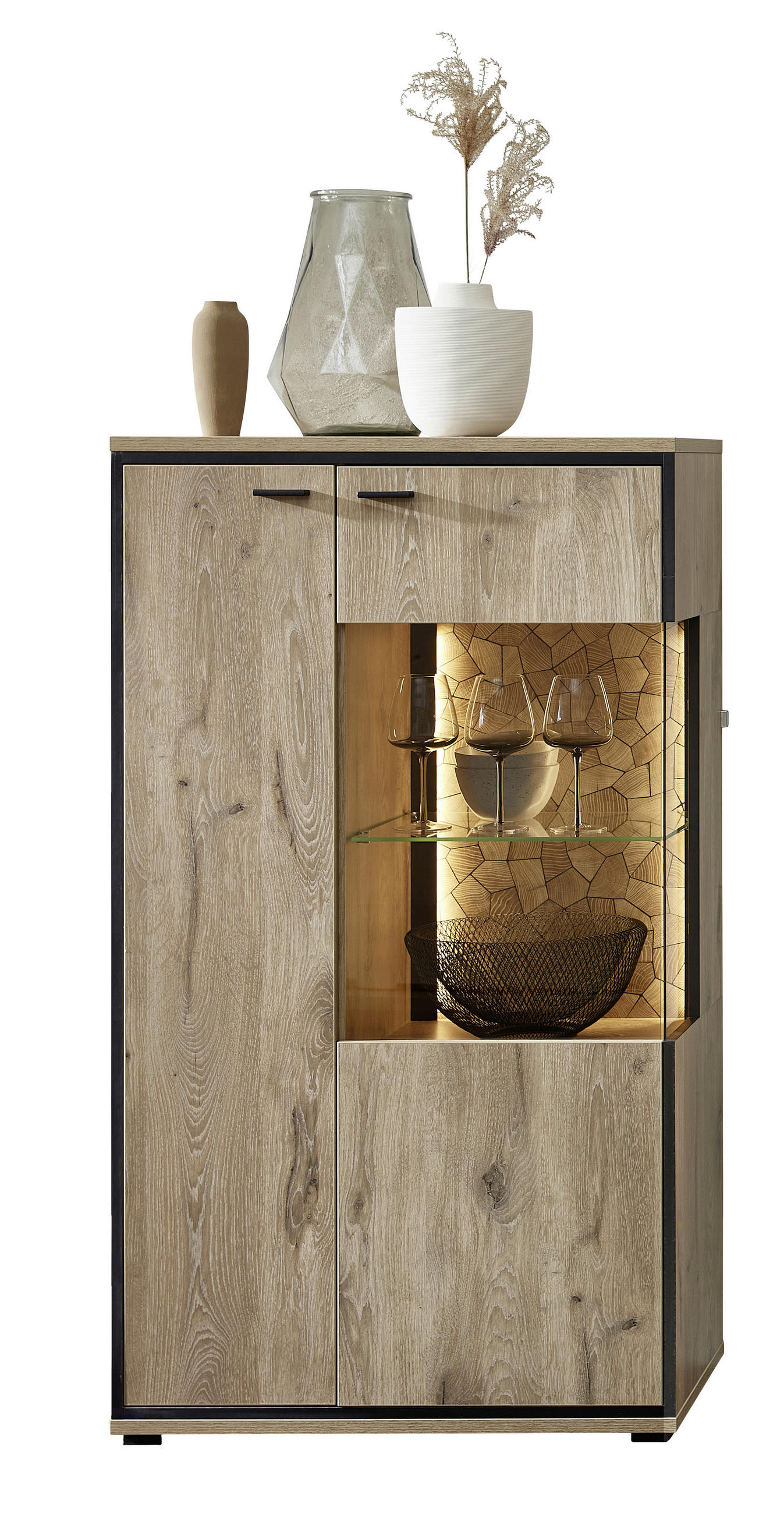 Thumbnail - Livetastic Vitrine, Eiche, Schwarz, Metall, Mosaik, 4 Fächer, 80x144x40 cm, Made in EU, Beimöbel erhältlich, Wohnzimmer,...