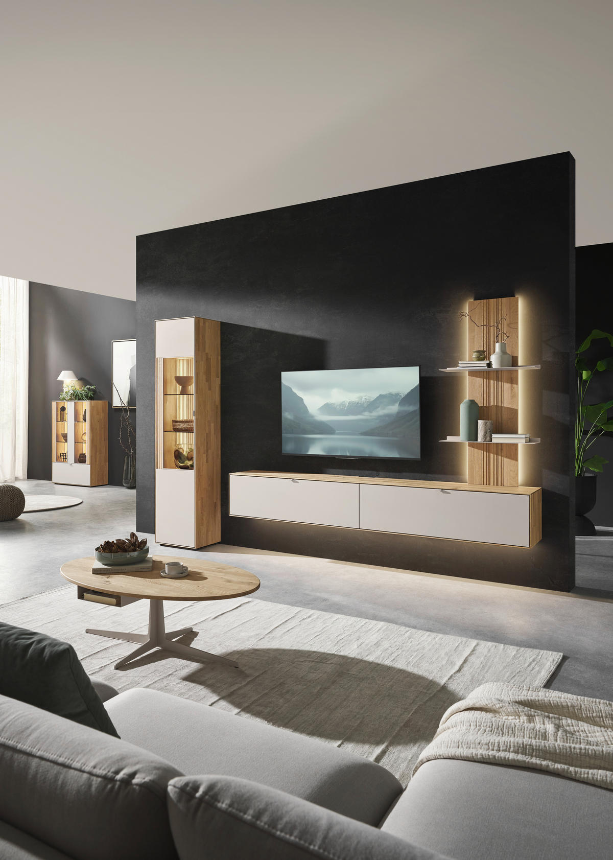 WOHNWAND  in Weiß, Wildeiche  303,8/205,5/37,1 cm   - Wildeiche/Schwarz, Design, Glas/Holz (303,8/205,5/37,1cm) - Dieter Knoll