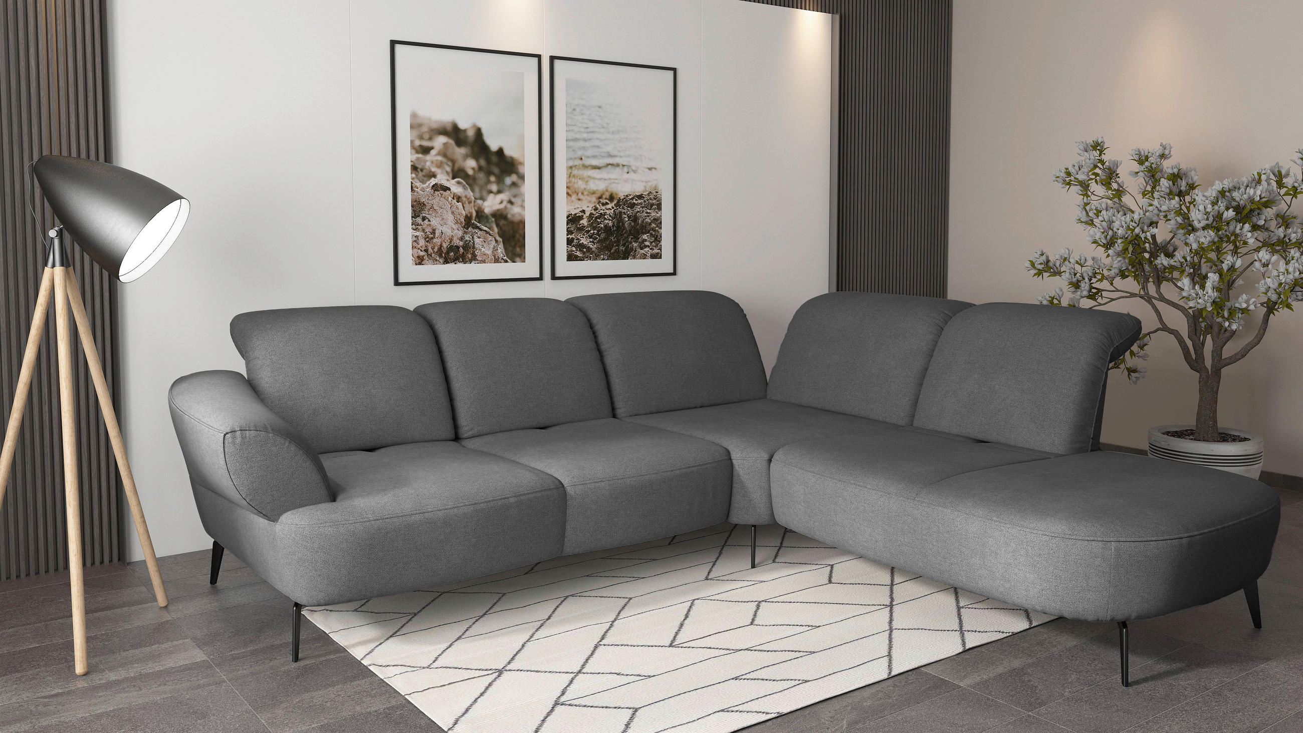 ECKSOFA DANCE E Dunkelgrau Mikrofaser Kopfteilverstellung, Sitztiefenverstellung  - Dunkelgrau/Schwarz, MODERN, Textil/Metall (302/270cm) - Sit & More