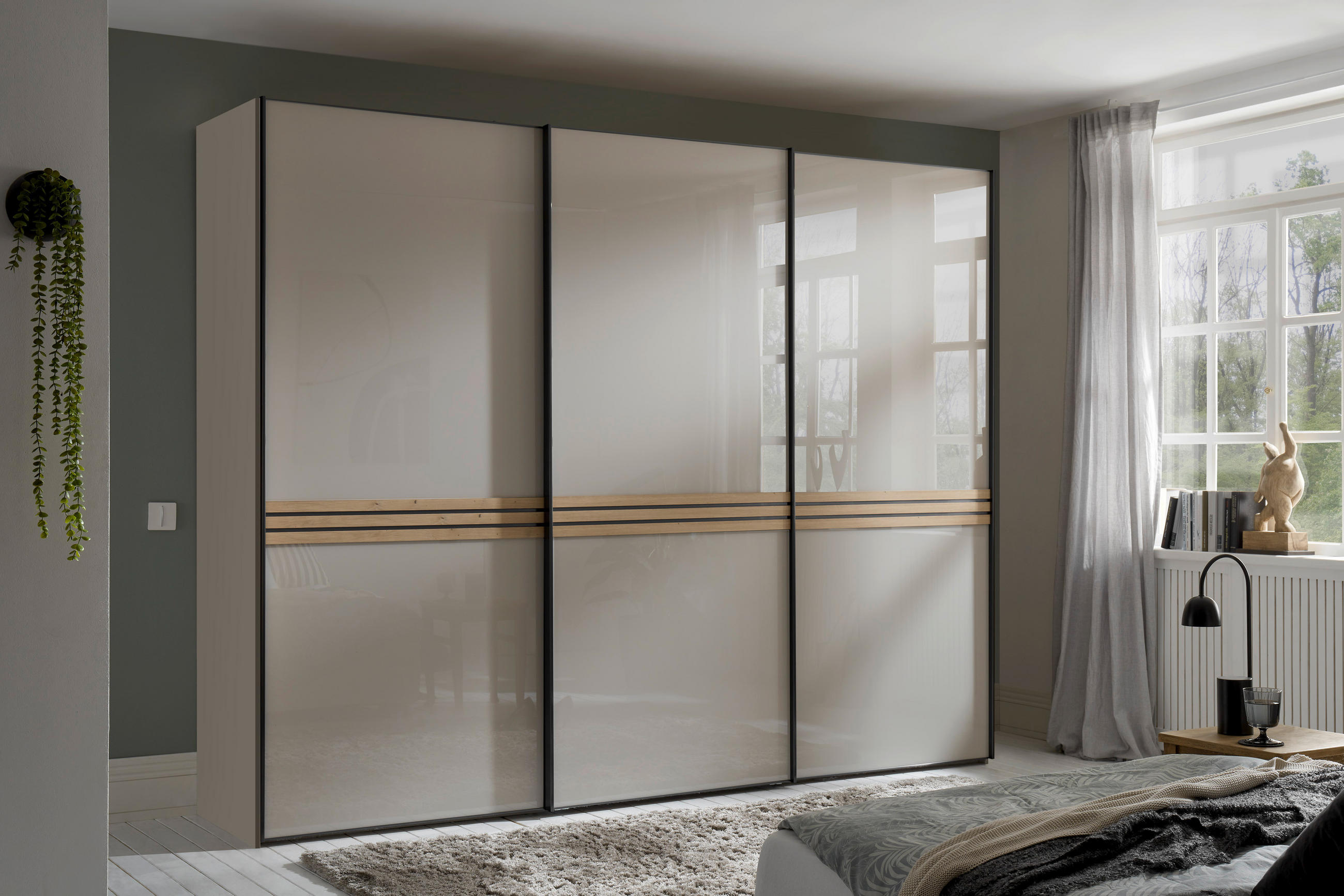 SCHWEBETÜRENSCHRANK 249/222/68 cm 3-türig Sandfarben, Eiche Artisan  - Sandfarben/Graphitfarben, Design, Glas/Holzwerkstoff (249/222/68cm) - Moderano