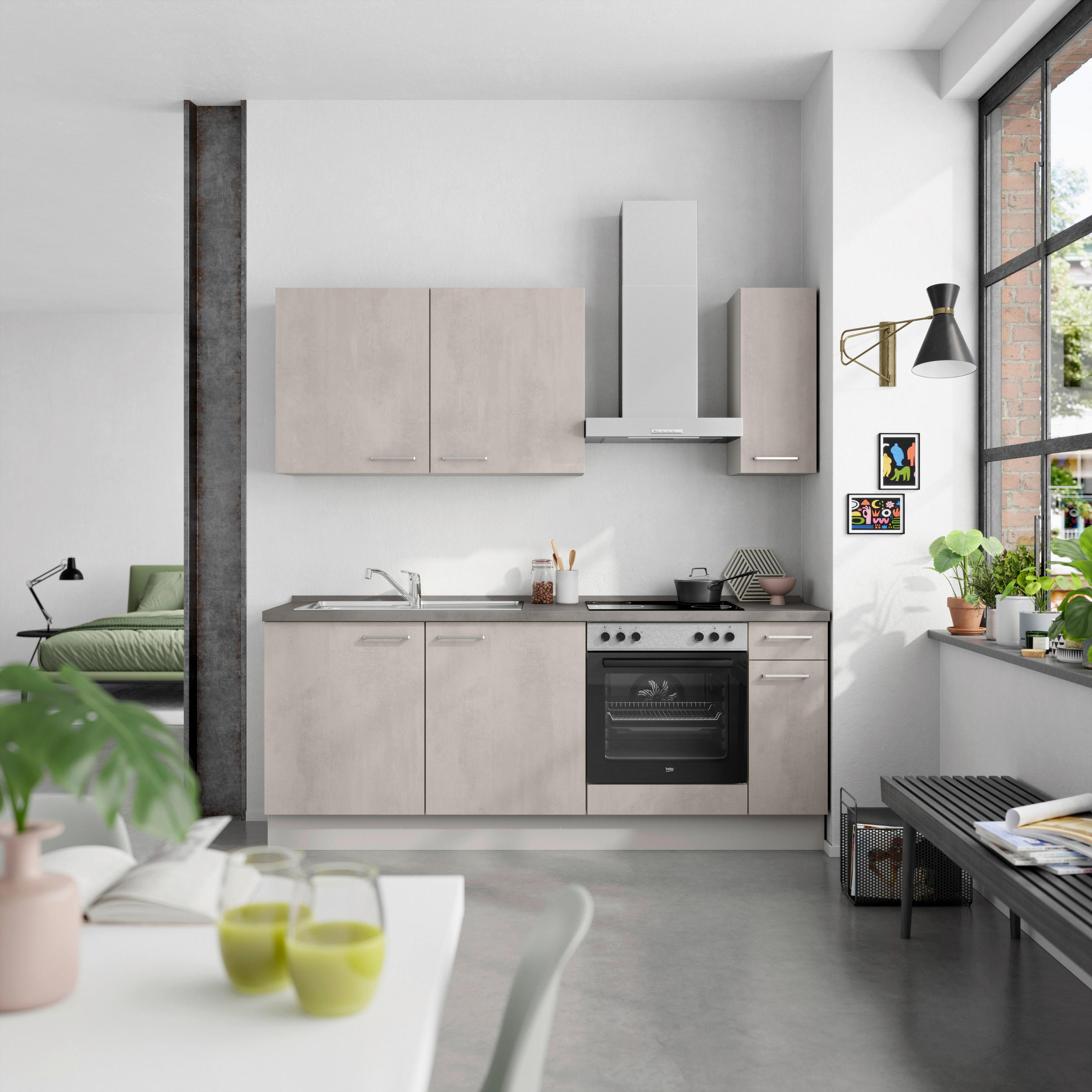 KÜCHENBLOCK Riva 210 cm  in Grau, Schieferfarben  - Schieferfarben/Edelstahlfarben, MODERN, Holzwerkstoff/Metall (210cm) - Nobilia