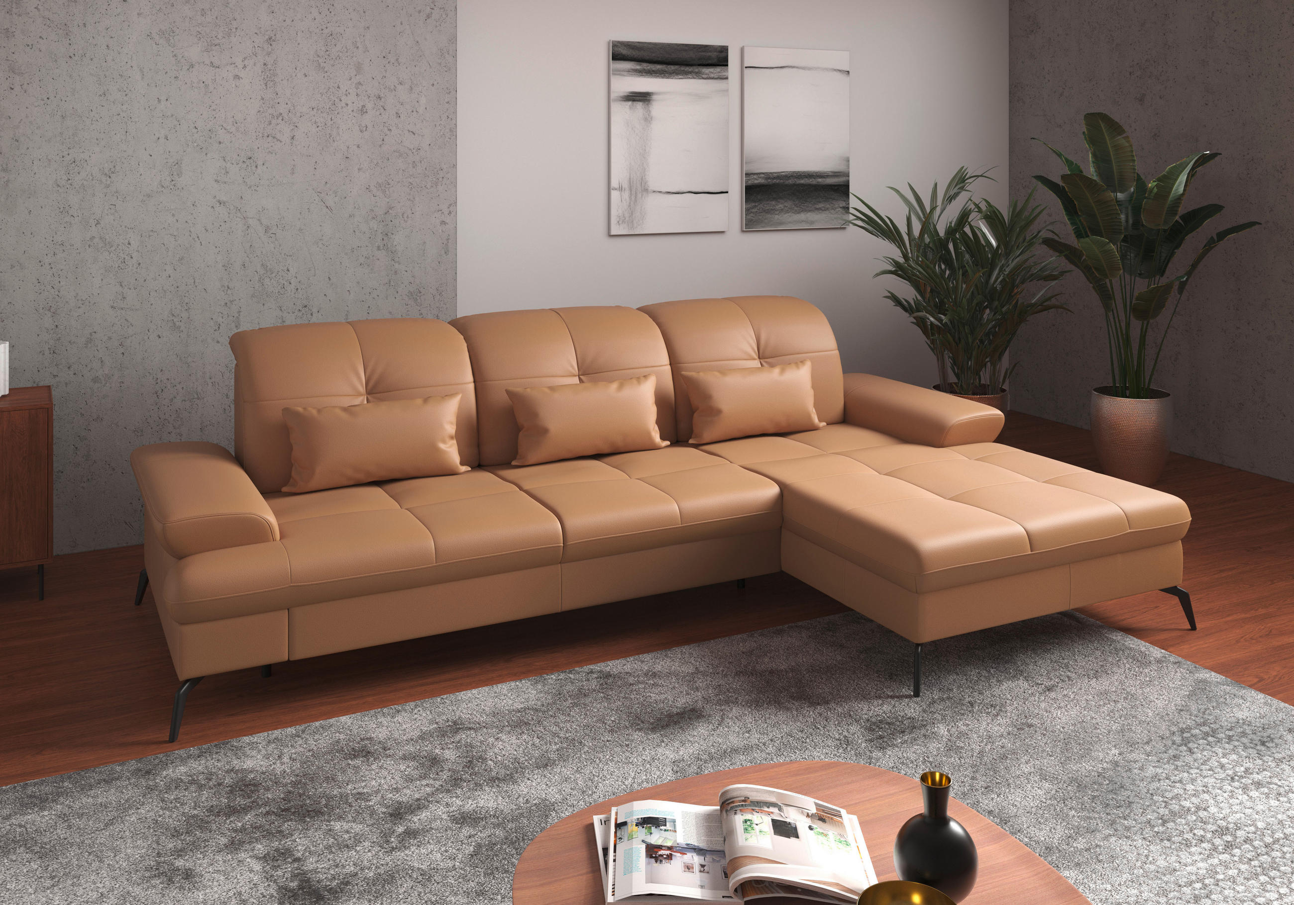 ECKSOFA Cappuccino Kombination Echtleder/Stoff Vliesstoff  - Schwarz/Cappuccino, KONVENTIONELL, Leder/Textil (279/185cm) - Sit & More
