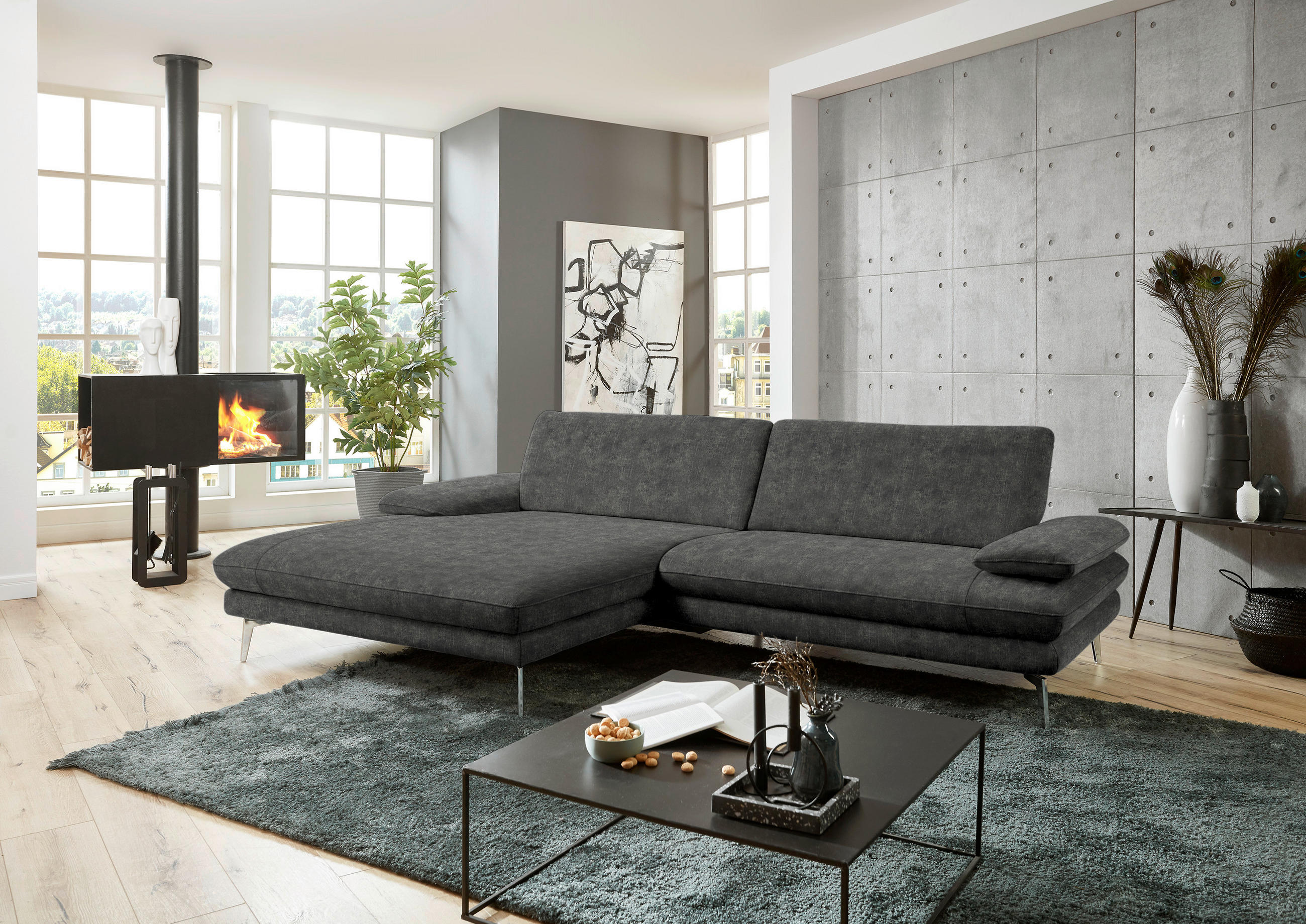 ECKSOFA in Velours Dunkelgrau  - Dunkelgrau/Schwarz, Design, Textil/Metall (184/284cm) - Dieter Knoll