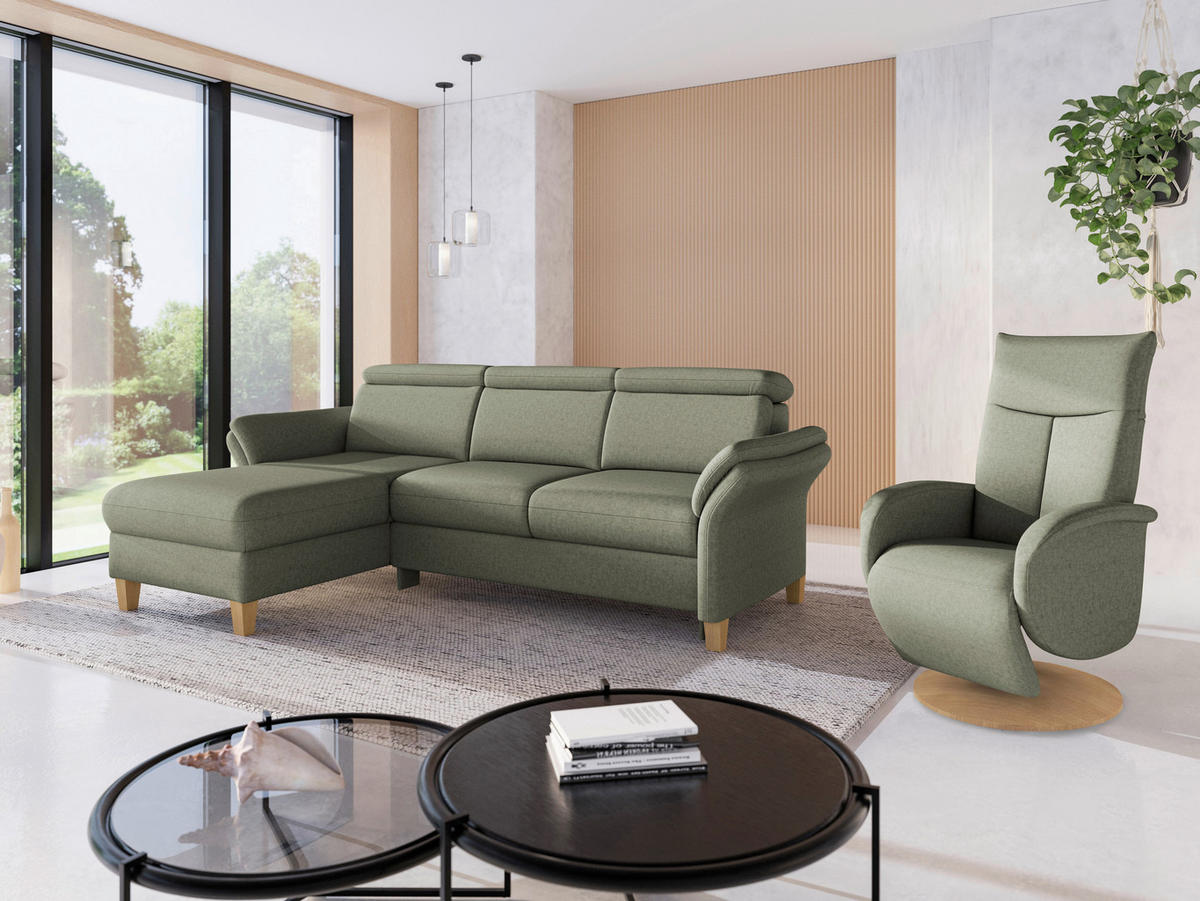 ECKSOFA GLENDALE E Olivgrün Flachgewebe  - Eichefarben/Olivgrün, KONVENTIONELL, Holz/Textil (166/253cm) - Sit & More