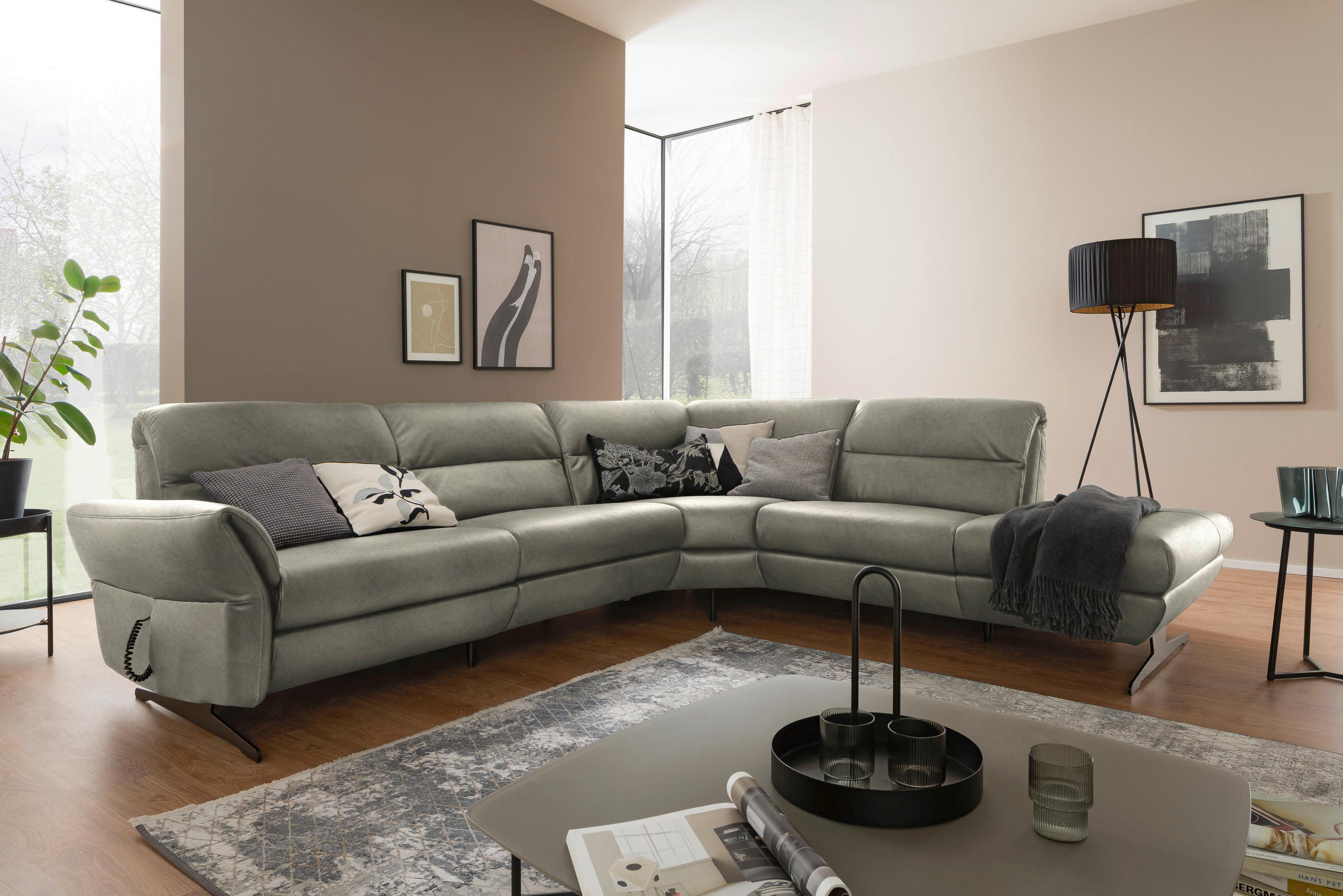 ECKSOFA Hellgrau Echtleder  - Hellgrau/Schwarz, Design, Leder/Metall (286/258cm) - Schöner Wohnen