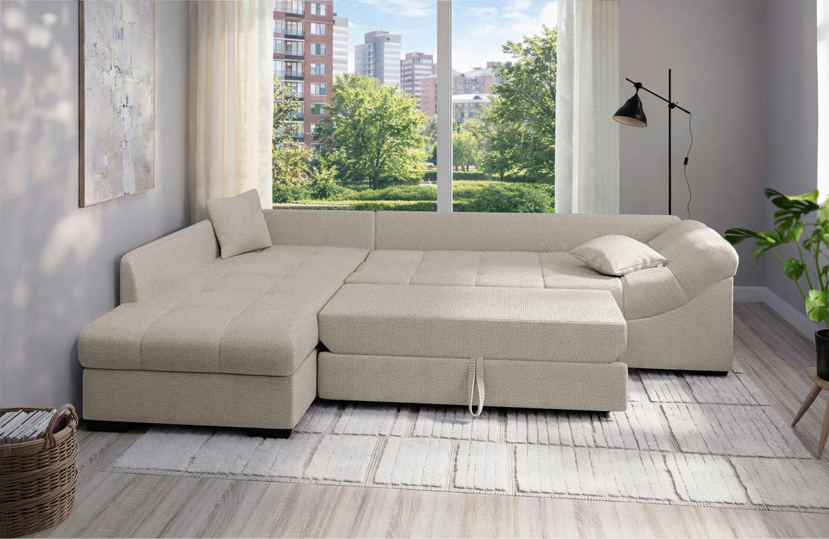 ECKSCHLAFSOFA Alvito in Chenille Beige  - Beige/Schwarz, MODERN, Holz/Textil (202/298cm) - MID.YOU