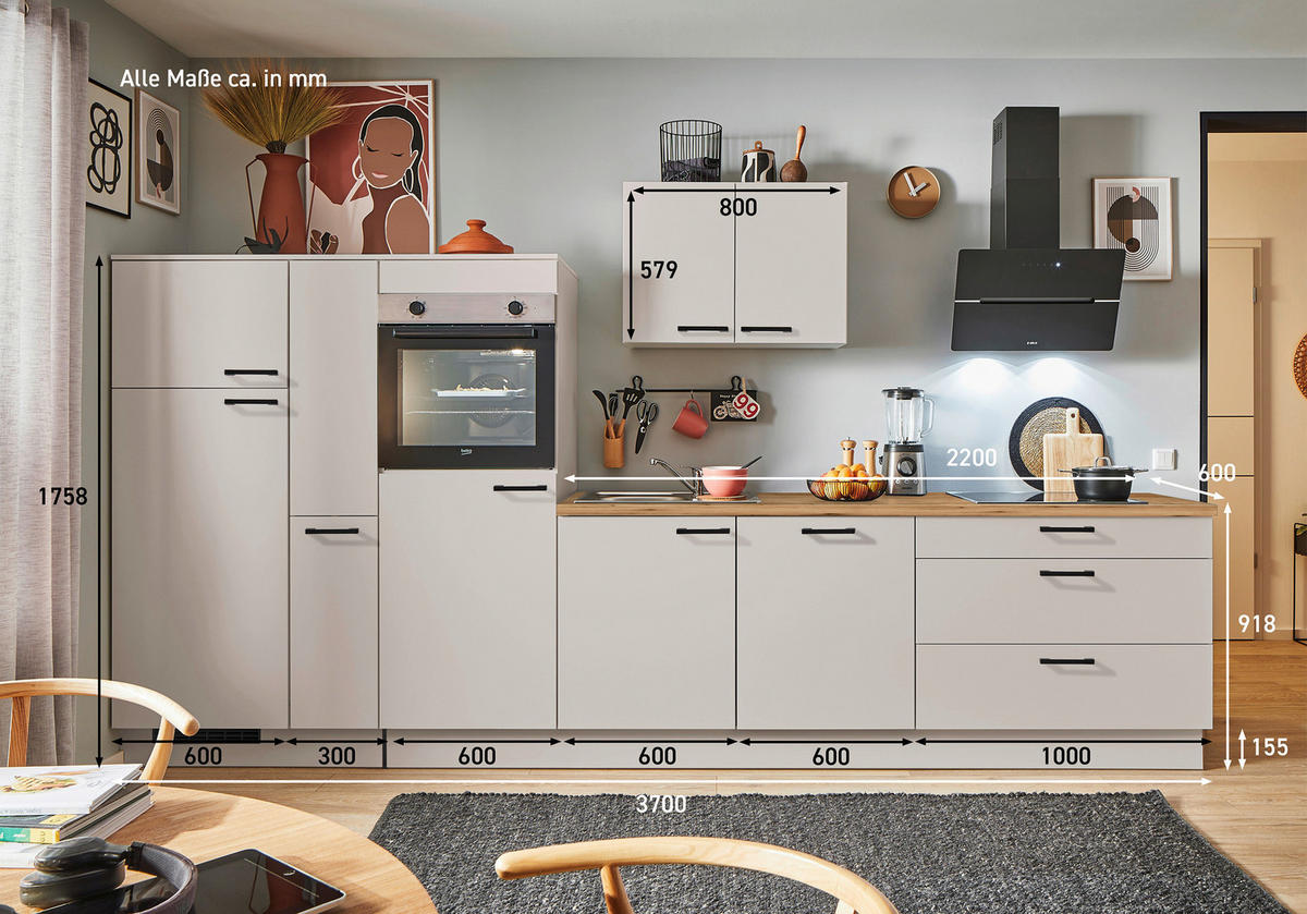 KÜCHENBLOCK PN 80 370 cm  in Eichefarben, Kaschmir  - Kaschmir/Eichefarben, Design, Holzwerkstoff/Metall (370cm) - Pino