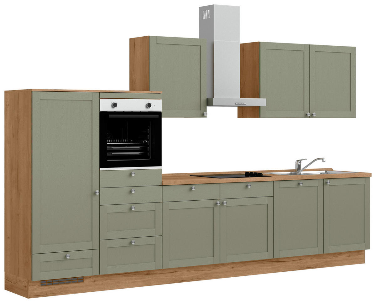 KÜCHENBLOCK Frame 360 cm  in Eichefarben, Olivgrün  - Edelstahlfarben/Eichefarben, MODERN, Holzwerkstoff/Metall (360cm) - Nobilia