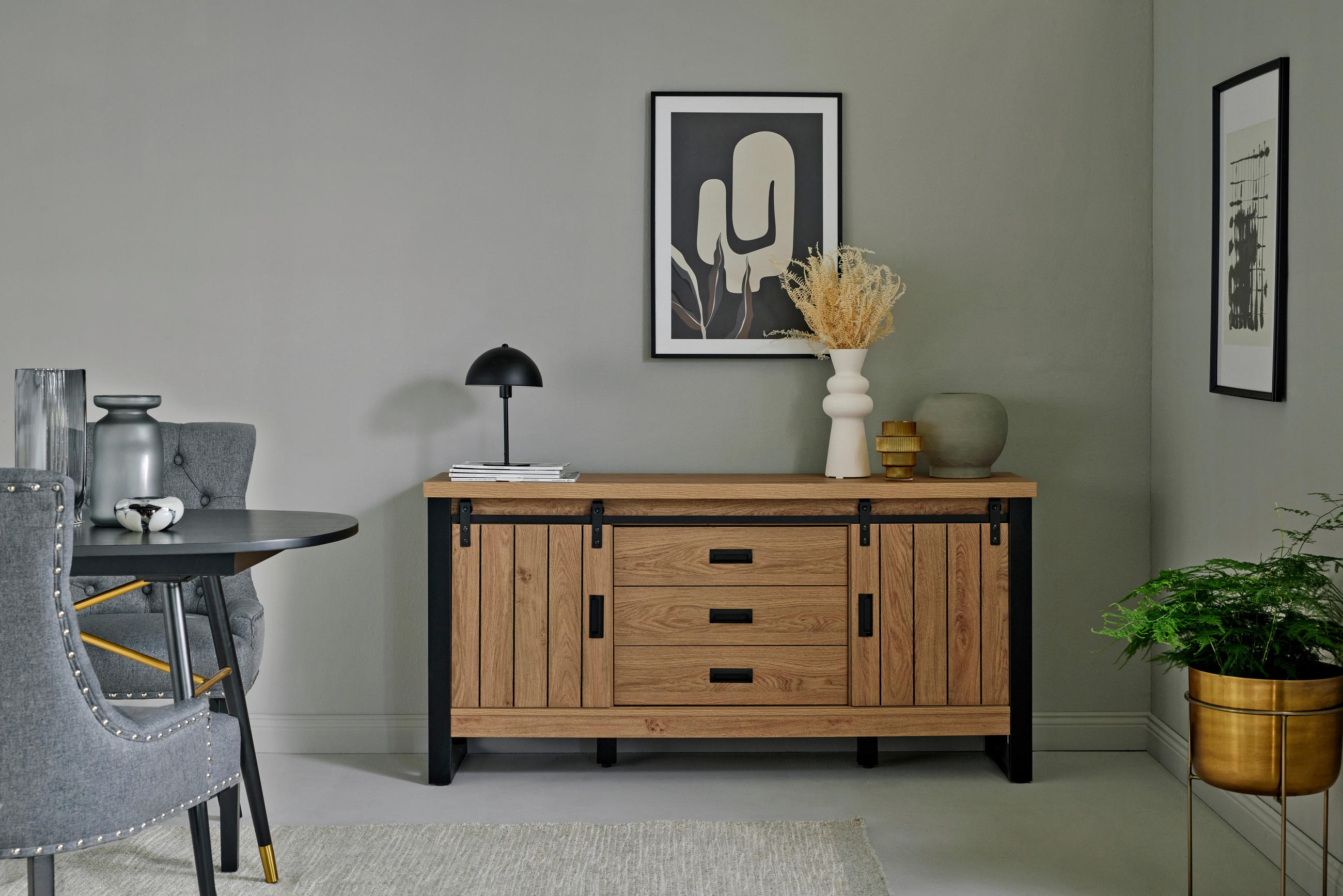 SIDEBOARD 153/75/39 cm  in Eichefarben  - Eichefarben/Schwarz, MODERN, Holzwerkstoff/Metall (153/75/39cm) - MID.YOU