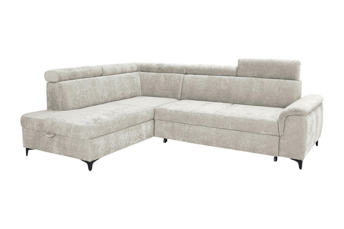 ECKSOFA Elfenbein Chenille Bettkasten, Schlaffunktion, Rücken echt, Kopfteilverstellung, Liegefläche im Originalstoff  - Elfenbein/Schwarz, KONVENTIONELL, Textil/Metall (206/265cm) - Carryhome