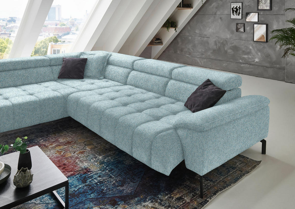 ECKSOFA in Chenille Hellblau  - Schwarz/Hellblau, Design, Textil/Metall (222/323cm) - Beldomo Style