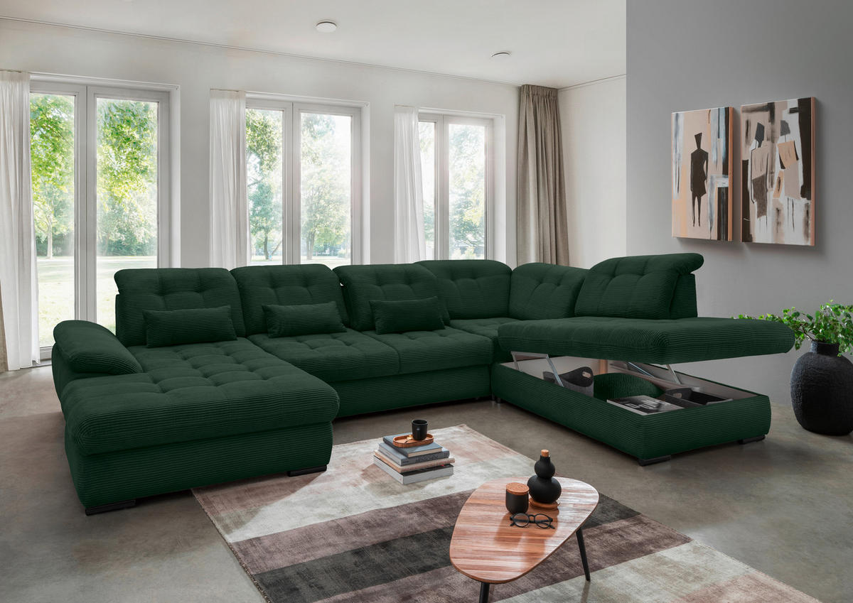 WOHNLANDSCHAFT in Cord Dunkelgrün  - Dunkelgrün/Schwarz, Modern, Textil/Metall (184/387/252cm) - Livetastic