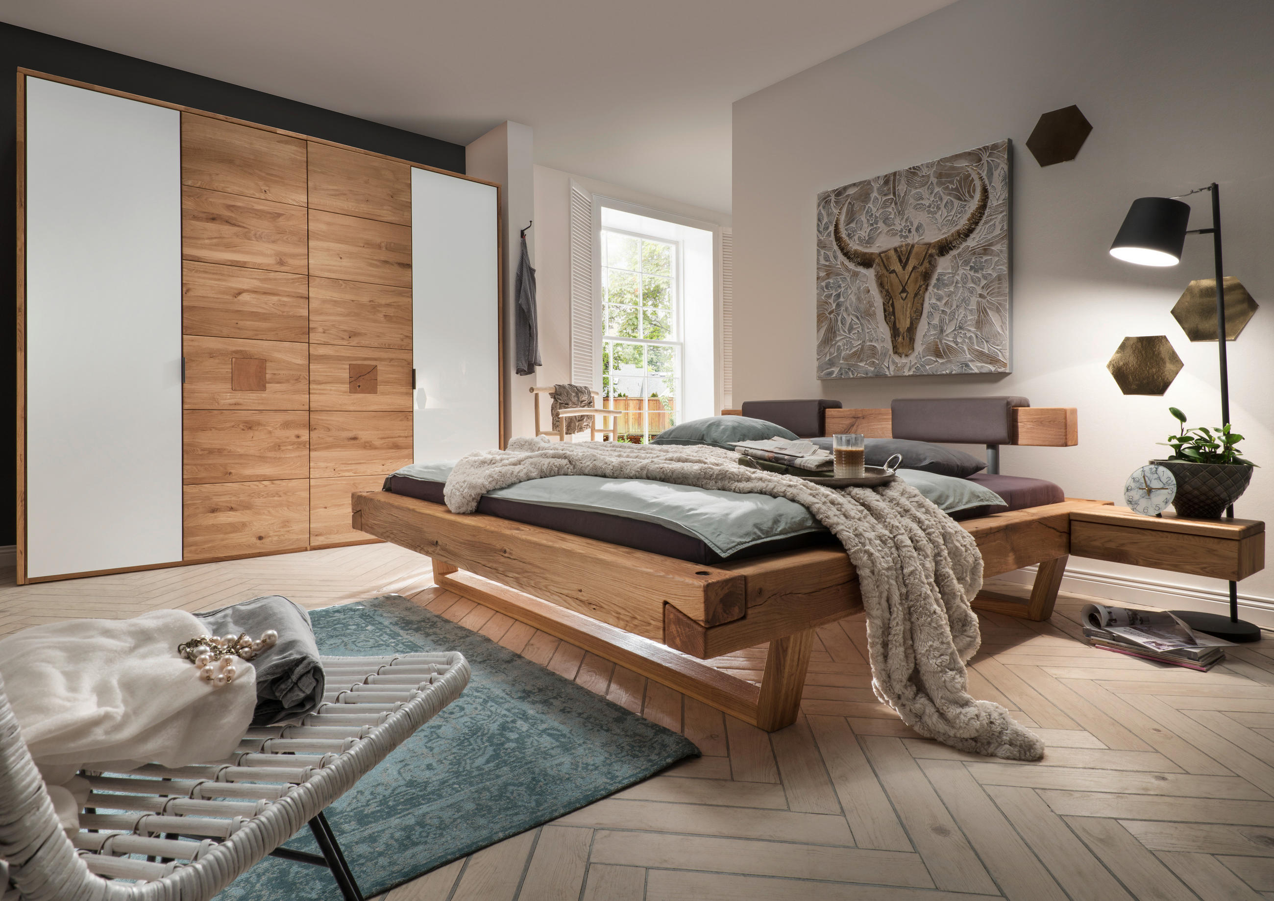 DREHTÜRENSCHRANK 250/218,5/60 cm 4-türig Weiß, Eichefarben  - Eichefarben/Anthrazit, Natur, Glas/Holz (250/218,5/60cm) - Valnatura