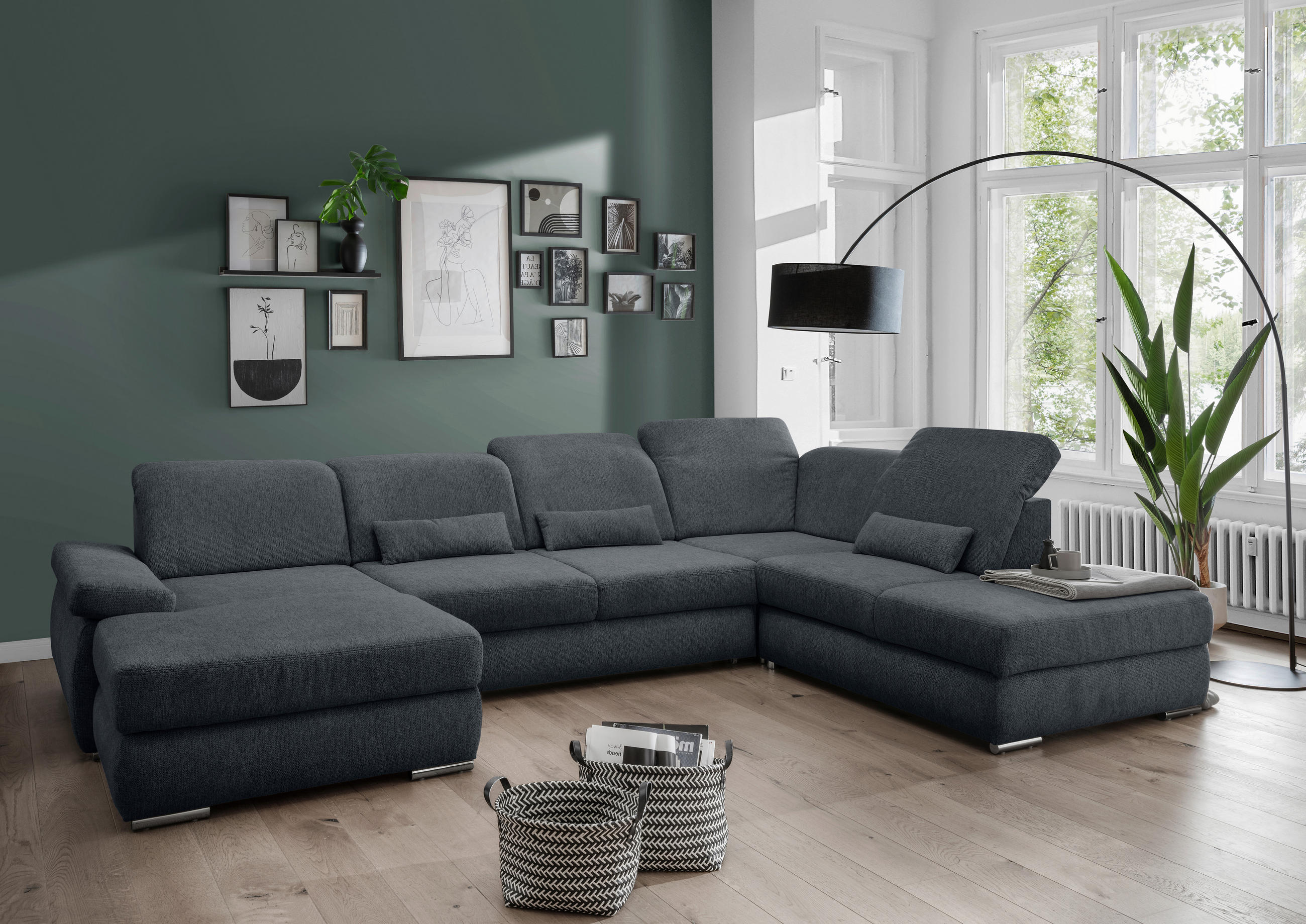 WOHNLANDSCHAFT Anthrazit Chenille  - Chromfarben/Anthrazit, MODERN, Holz/Textil (186/375/250cm) - Livetastic