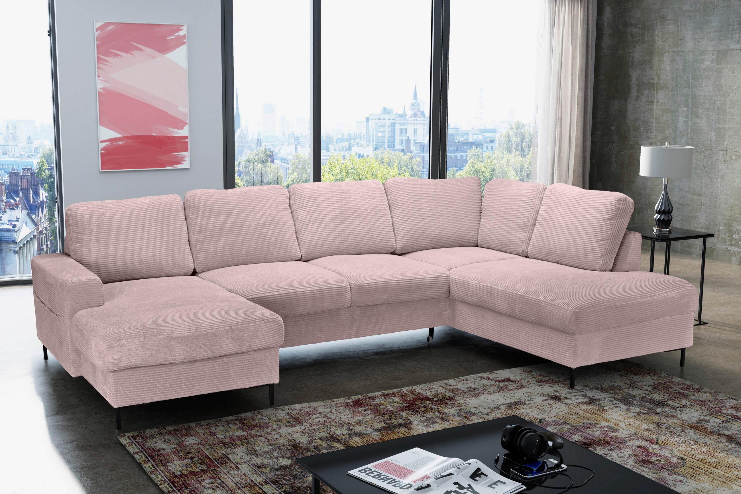 WOHNLANDSCHAFT Altrosa Cord  - Schwarz/Altrosa, KONVENTIONELL, Textil/Metall (148/303/197cm) - Carryhome