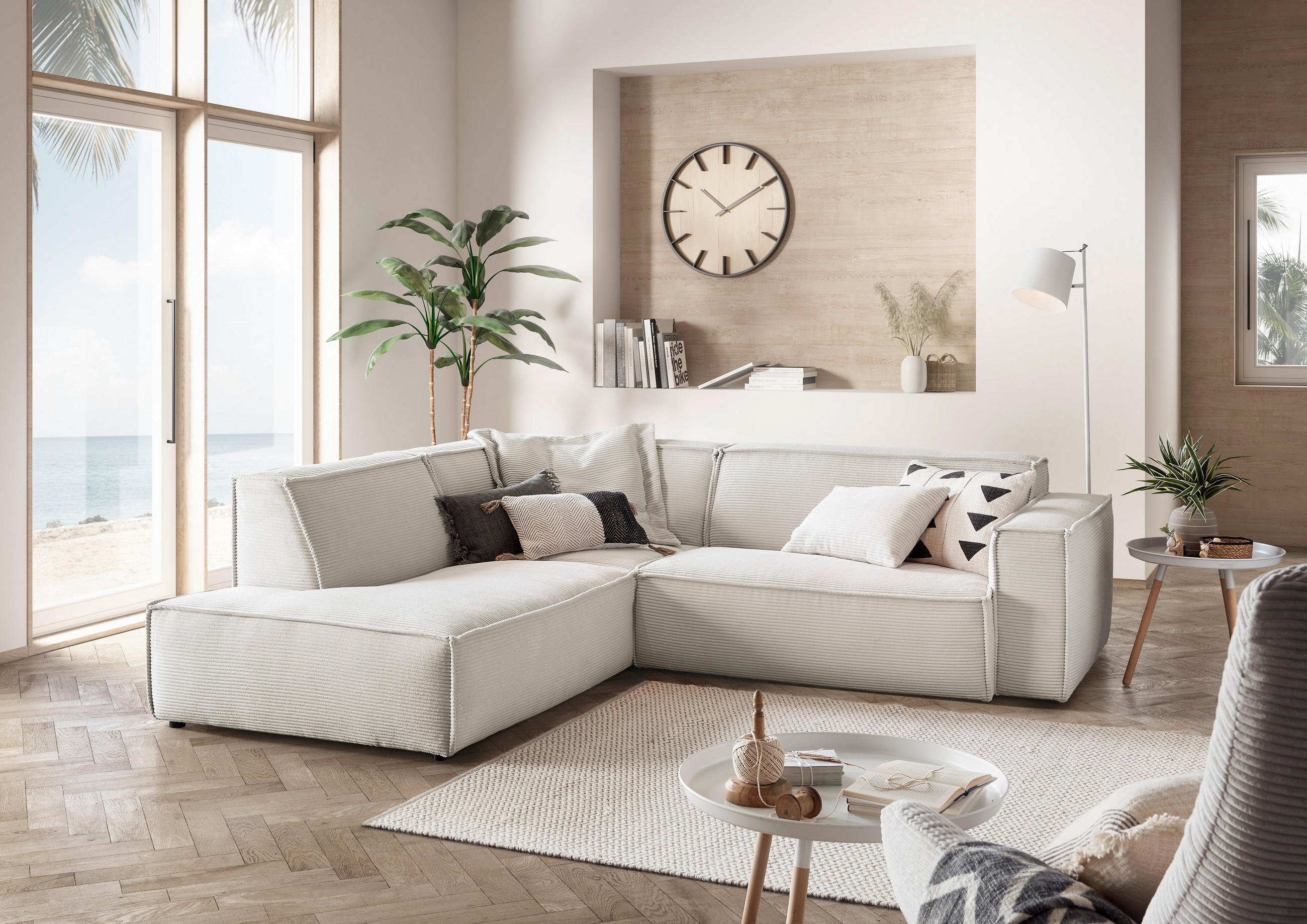 ECKSOFA Weiß Cord - Schwarz/Weiß, KONVENTIONELL, Kunststoff/Textil (224/254cm) - Hom`in