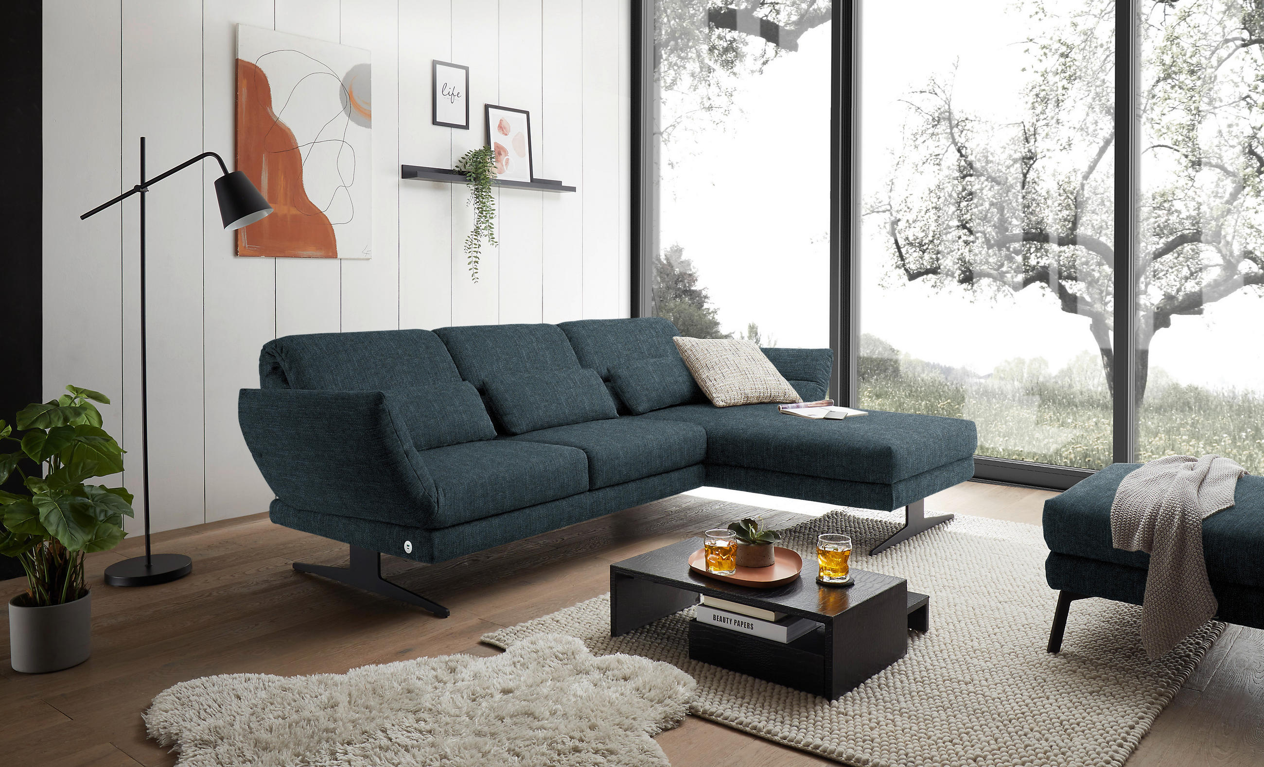 ECKSOFA in Flachgewebe Petrol  - Petrol/Schwarz, Design, Textil/Metall (279-327/176-217cm) - Dieter Knoll