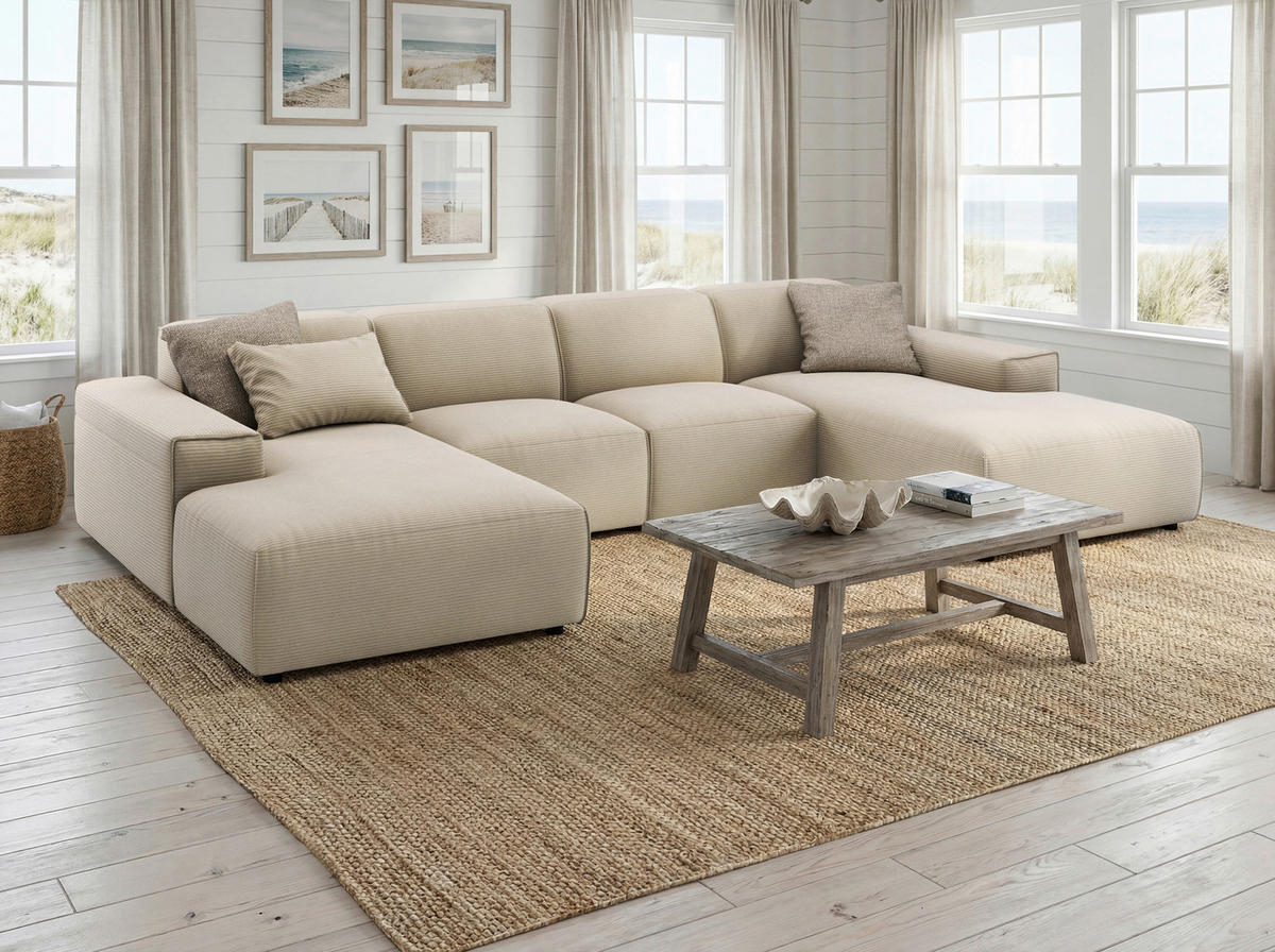 WOHNLANDSCHAFT Naturfarben Cord  - Schwarz/Naturfarben, MODERN, Kunststoff/Textil (189/340/189cm) - Pure Home Lifestyle