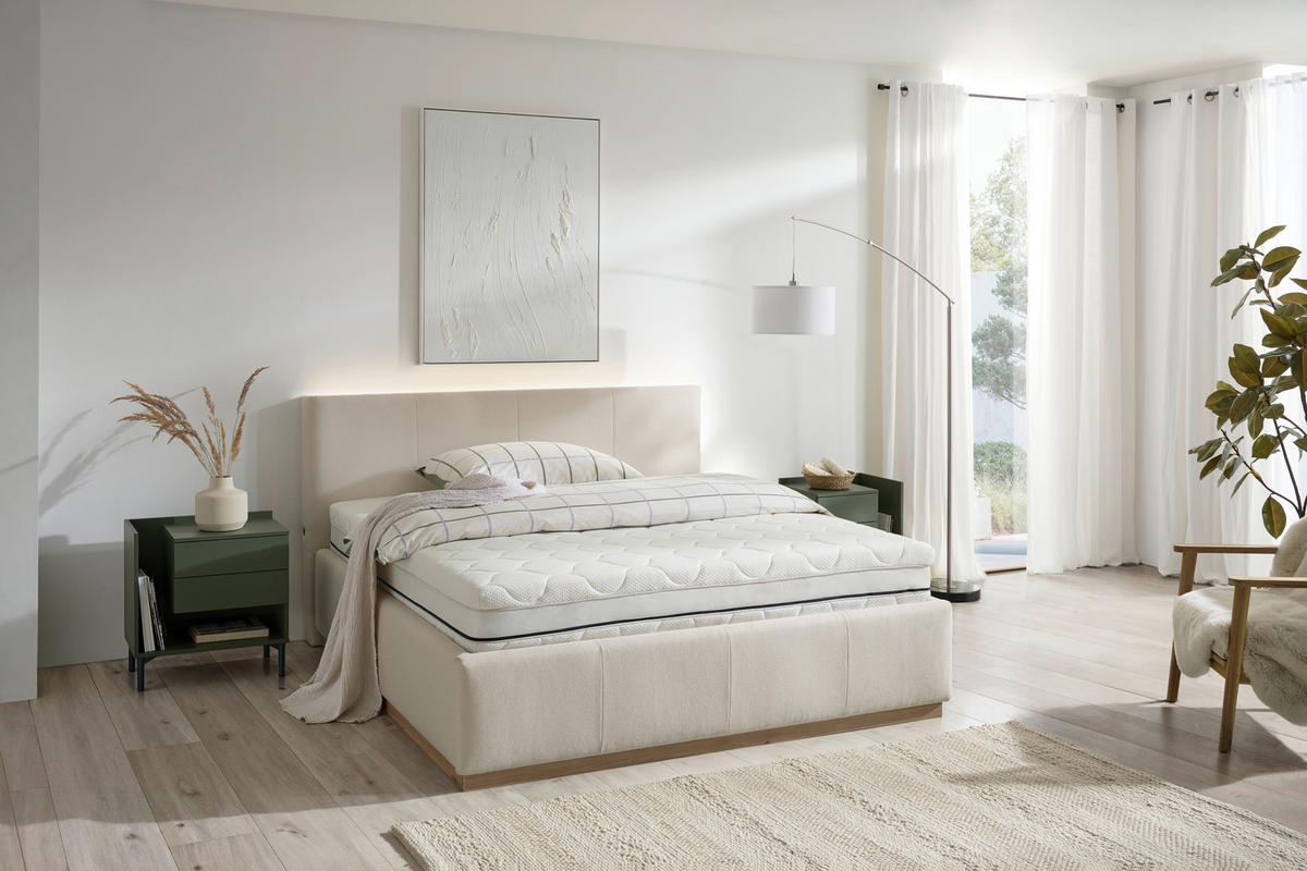 POLSTERBETT Beleuchtung, Lattenrost, Bettkasten Beige, Hickory 180/200 cm  - Birkefarben/Beige, Design, Holz/Holzwerkstoff (180/200cm) - Lomoco