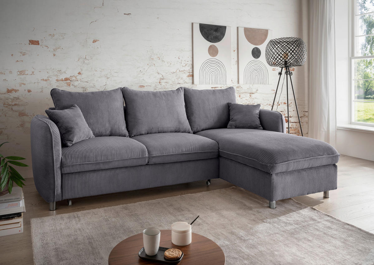 ECKSCHLAFSOFA in Cord Grau  - Chromfarben/Grau, Modern, Textil/Metall (254/160cm) - Livetastic