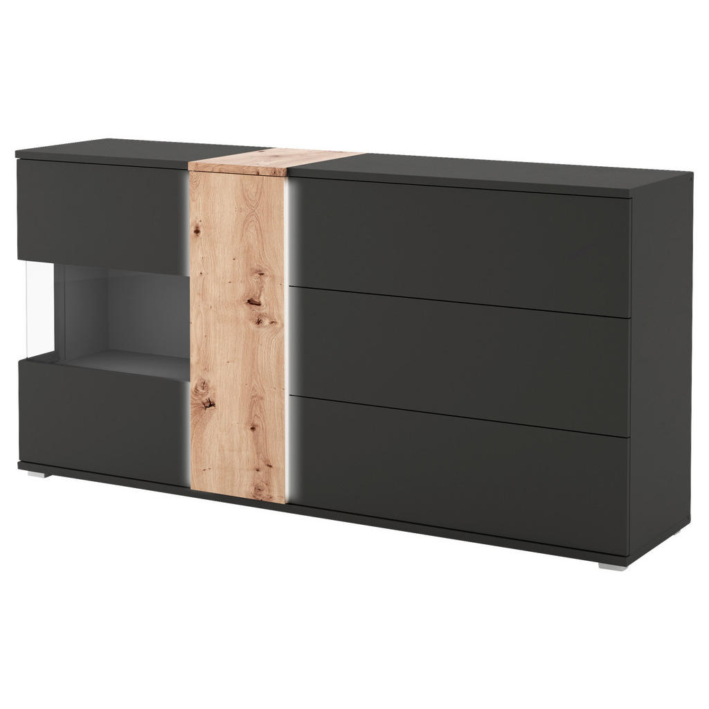Thumbnail - Livetastic Sideboard, Schwarz, Eiche Artisan, Holzwerkstoff, 5 Fächer, 1 Schubladen, 185x93x45 cm, Made in EU, Beleuchtu...