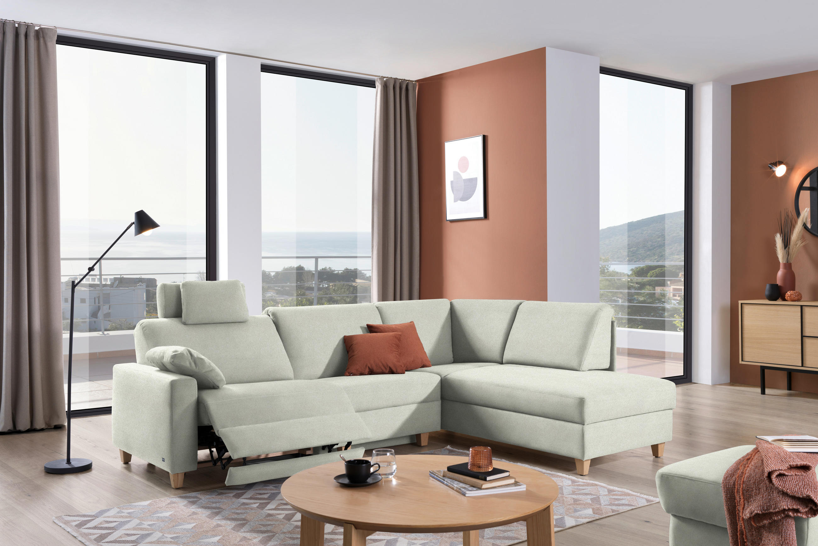 ECKSOFA in Flachgewebe Silberfarben  261/203 cm  - Eichefarben/Silberfarben, KONVENTIONELL, Holz/Textil (261/203cm) - Sedda