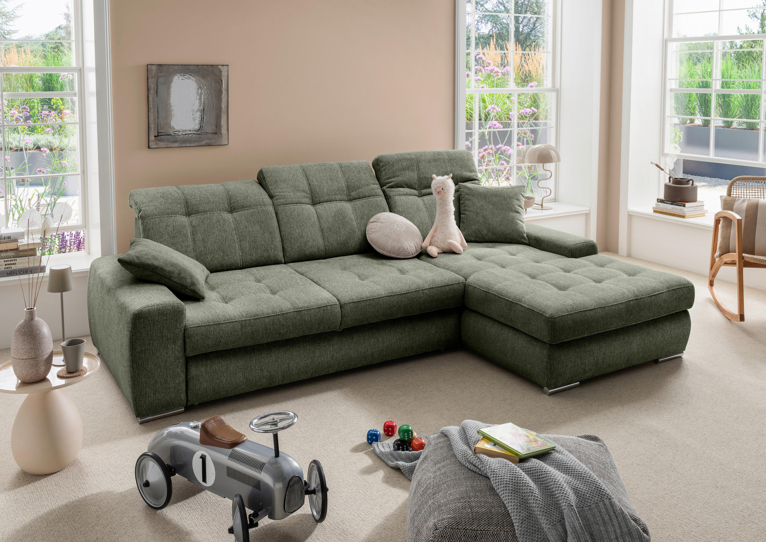 ECKSOFA Chenille Dunkelgrün  - Chromfarben/Dunkelgrün, Konventionell, Textil/Metall (283/186cm) - Livetastic