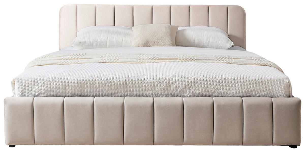 POLSTERBETT 140/200 cm, inkl. gepolstertes Kopfteil, Lattenrost, Bettkasten,  in Beige  - Beige/Schwarz, Design, Holz/Kunststoff (140/200cm) - Boxxx