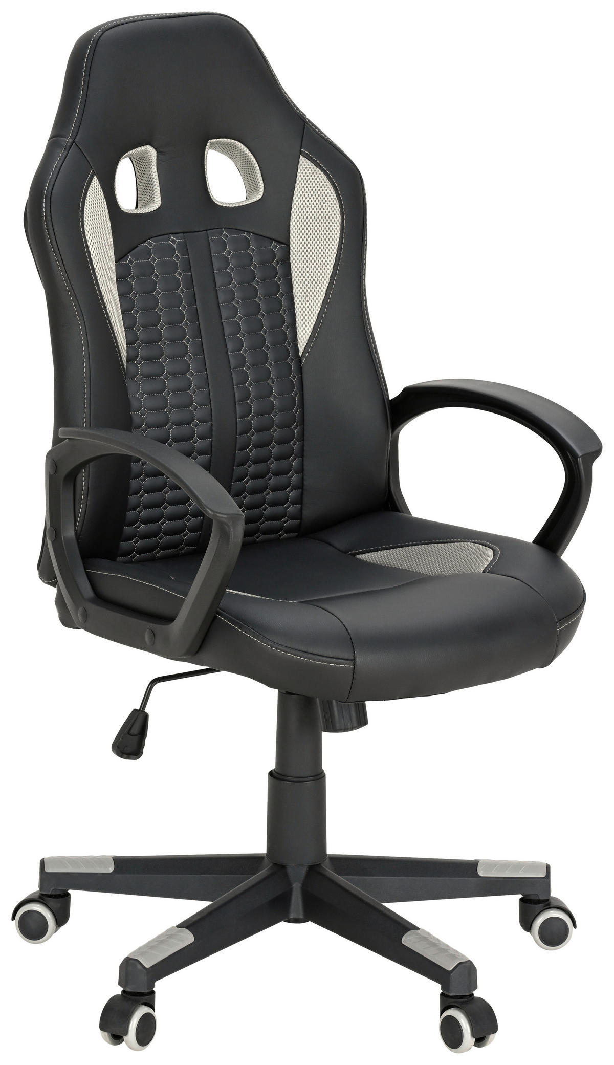 GAMER SZÉK  bőrhatású textil, feszített neccháló fekete, világosszürke  - világosszürke/fekete, Modern, műanyag/textil (56/104-113/64cm) - Carryhome