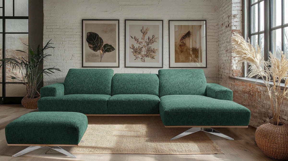 ECKSOFA PORTLAND in Struktur Grün Kopfteilverstellung  295/187 cm  - Chromfarben/Grün, Design, Holz/Textil (295/187cm) - Livetastic